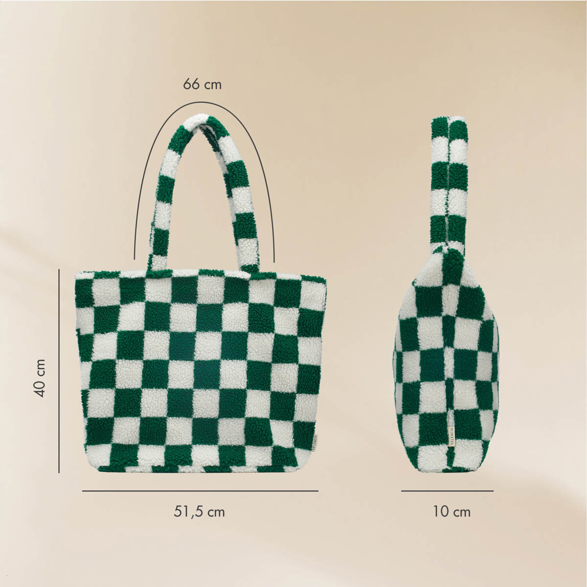 Green and white checkered fuzzy tote bag, 40x51.5x10cm dimensions, 66cm handles.
