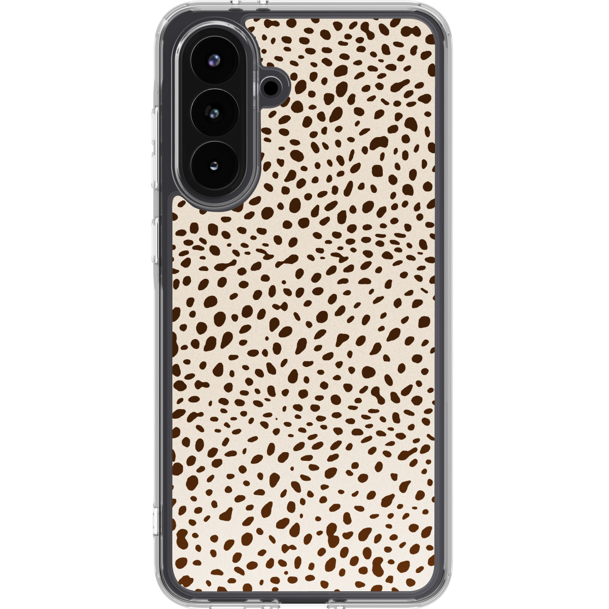 Une coque de téléphone transparente avec un motif à pois marron sur fond clair.