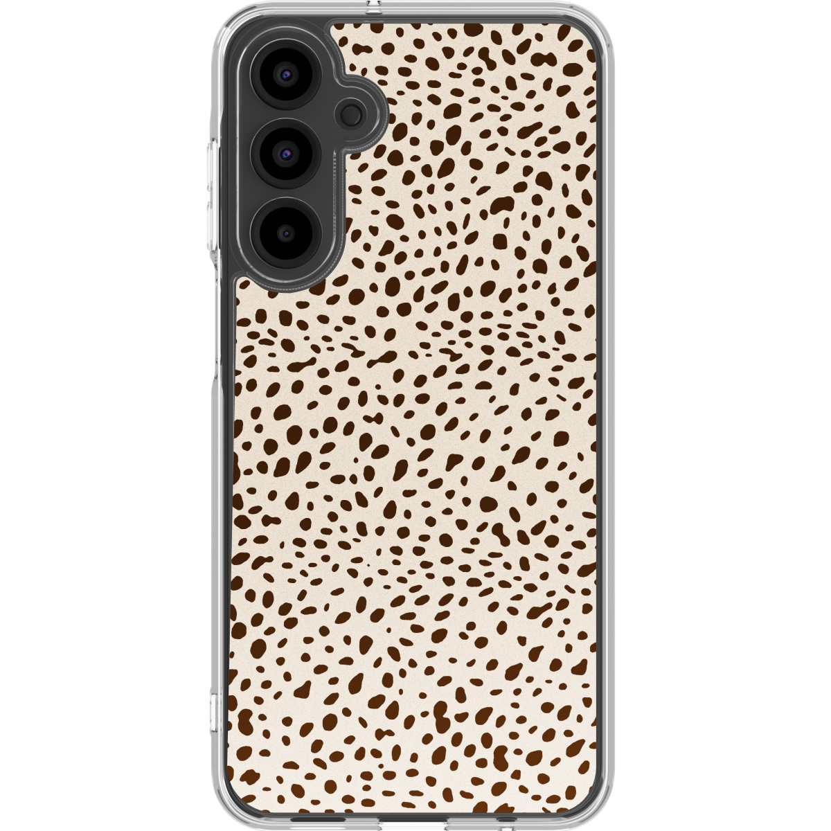 Un smartphone dans un étui transparent avec un motif de pois marron sur fond clair.