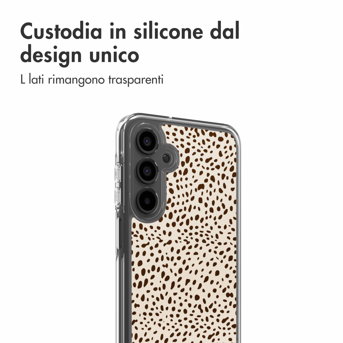 Coque transparente avec un imprimé léopard marron pour smartphone.