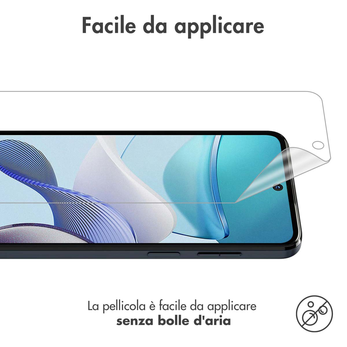 Een screenprotector wordt op een smartphone geplaatst, met tekst erboven en eronder.