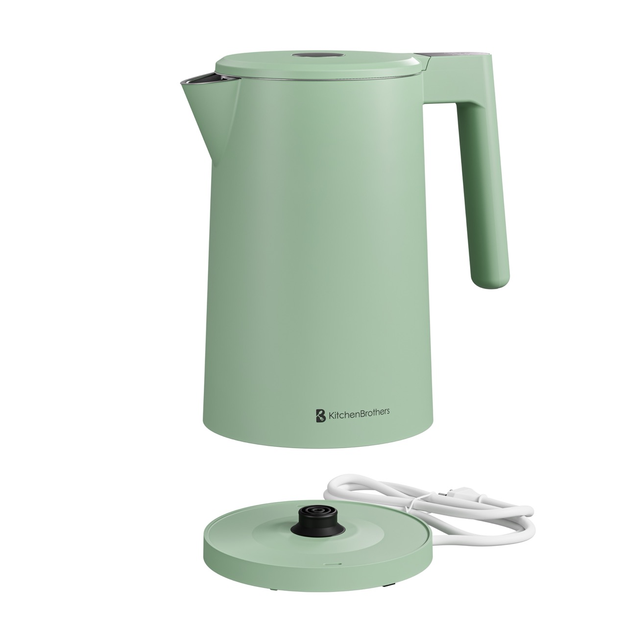 Een lichtgroene waterkoker met handvat en tuit staat naast de voet.