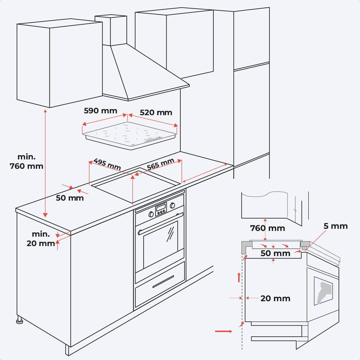 Technische tekening van een inbouwkeuken met afmetingen voor kookplaat en afzuigkap.