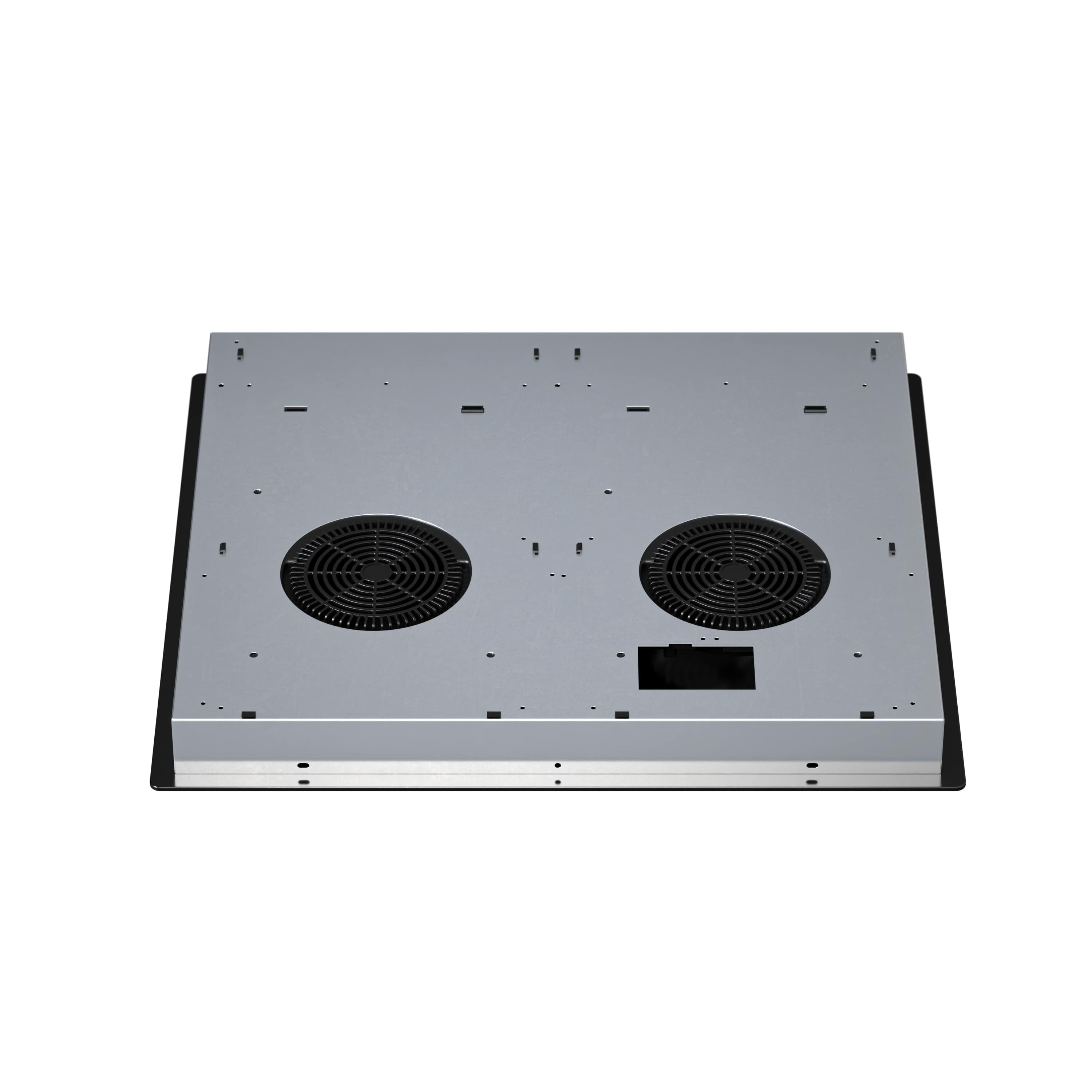 Onderkant van een kookplaat met twee ventilatoren, metalen behuizing en zwarte rand.