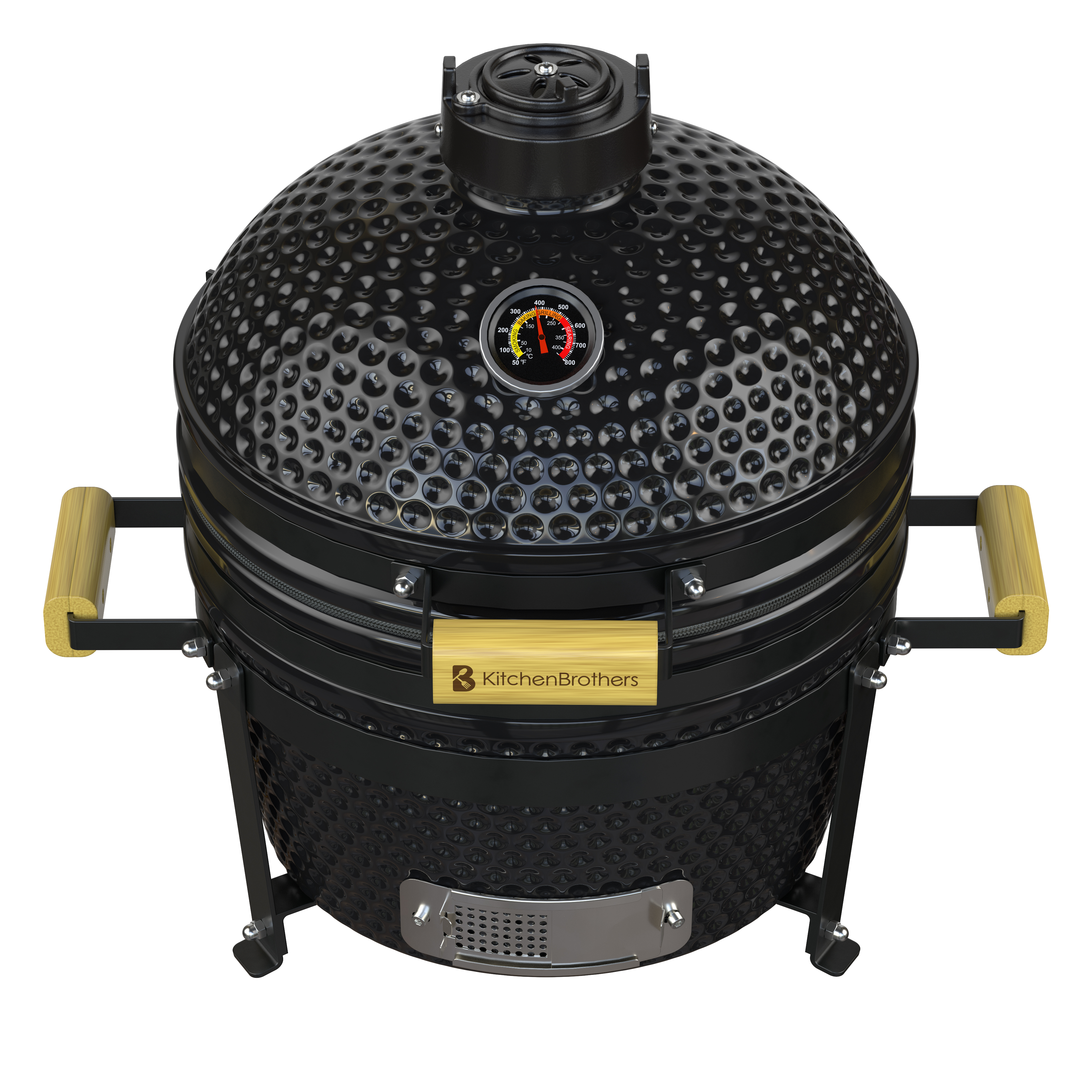 Un barbecue en céramique noire avec poignées en bois et un thermomètre.