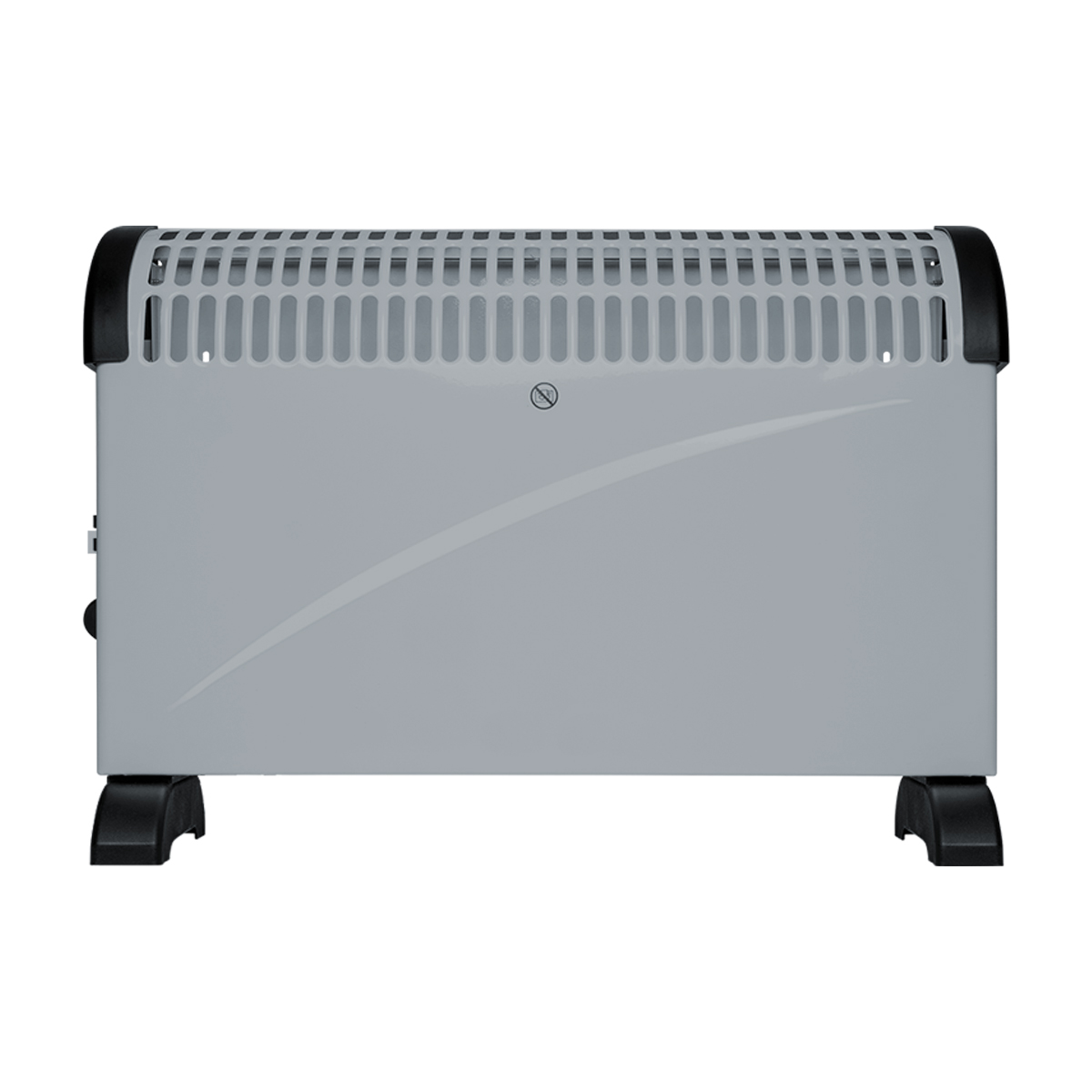 A gray electric heater with black feet and vents on top.
