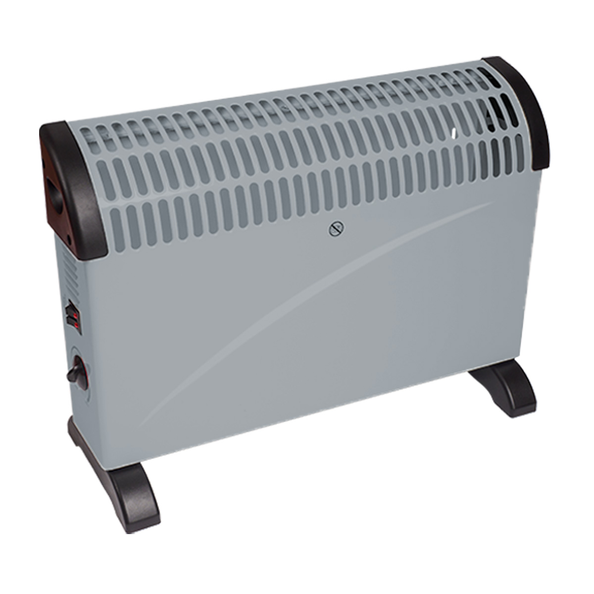 A gray electric heater with black accents and feet stands on a white background.