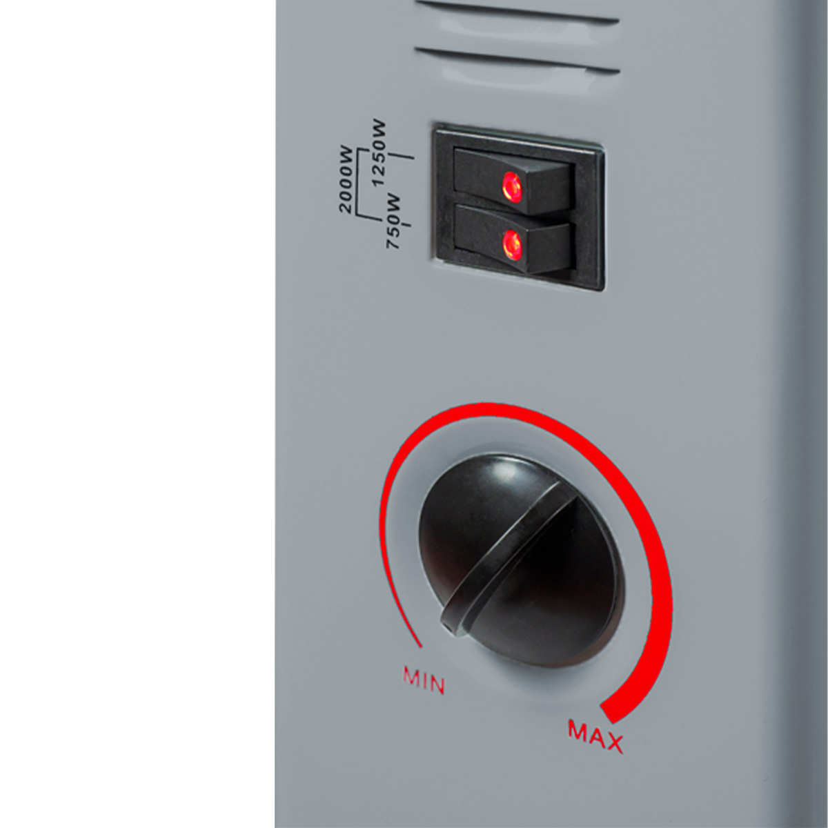 Gray heater with two switches with red lights and a rotary dial.