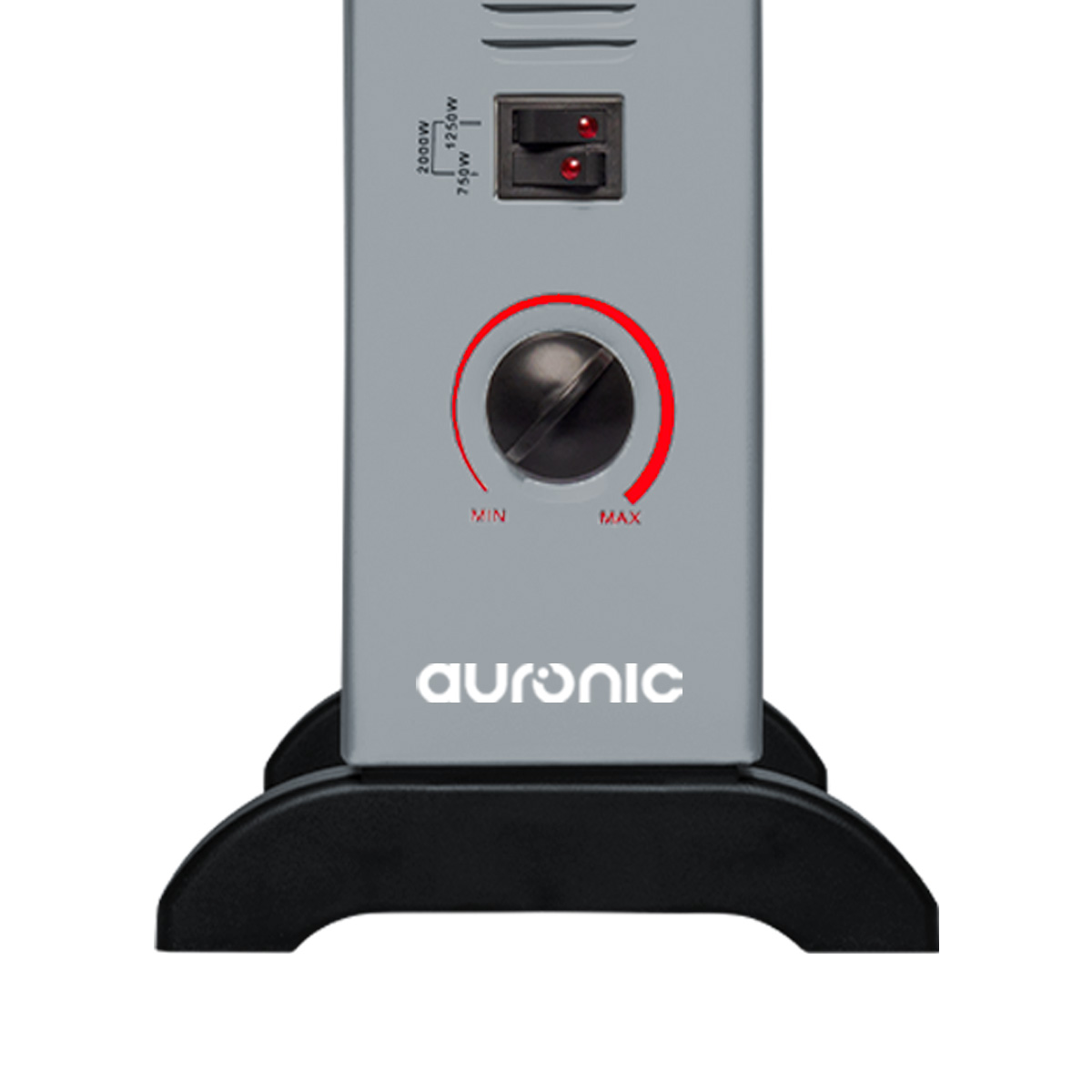 Gray heater with black base, switch, and rotary dial. Auronic logo.