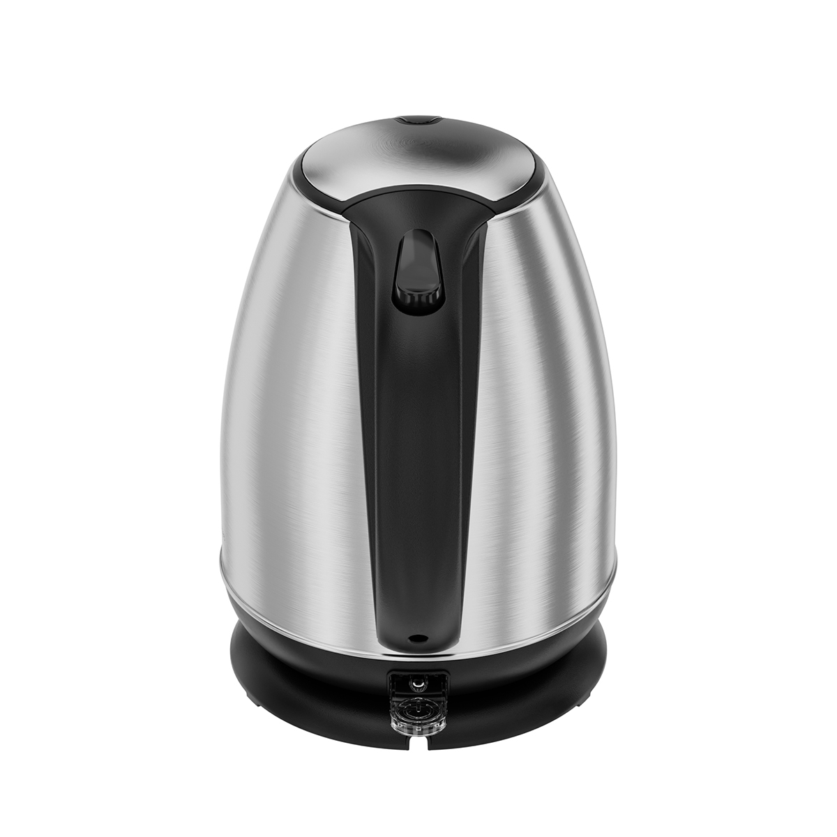 Rvs waterkoker met zwarte handgreep en voet op witte achtergrond.
