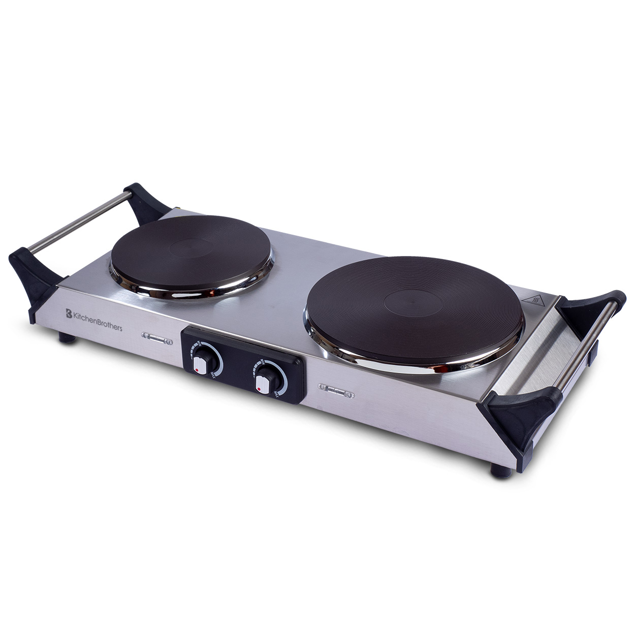 Stainless steel double burner electric hot plate with black coils and control knobs.