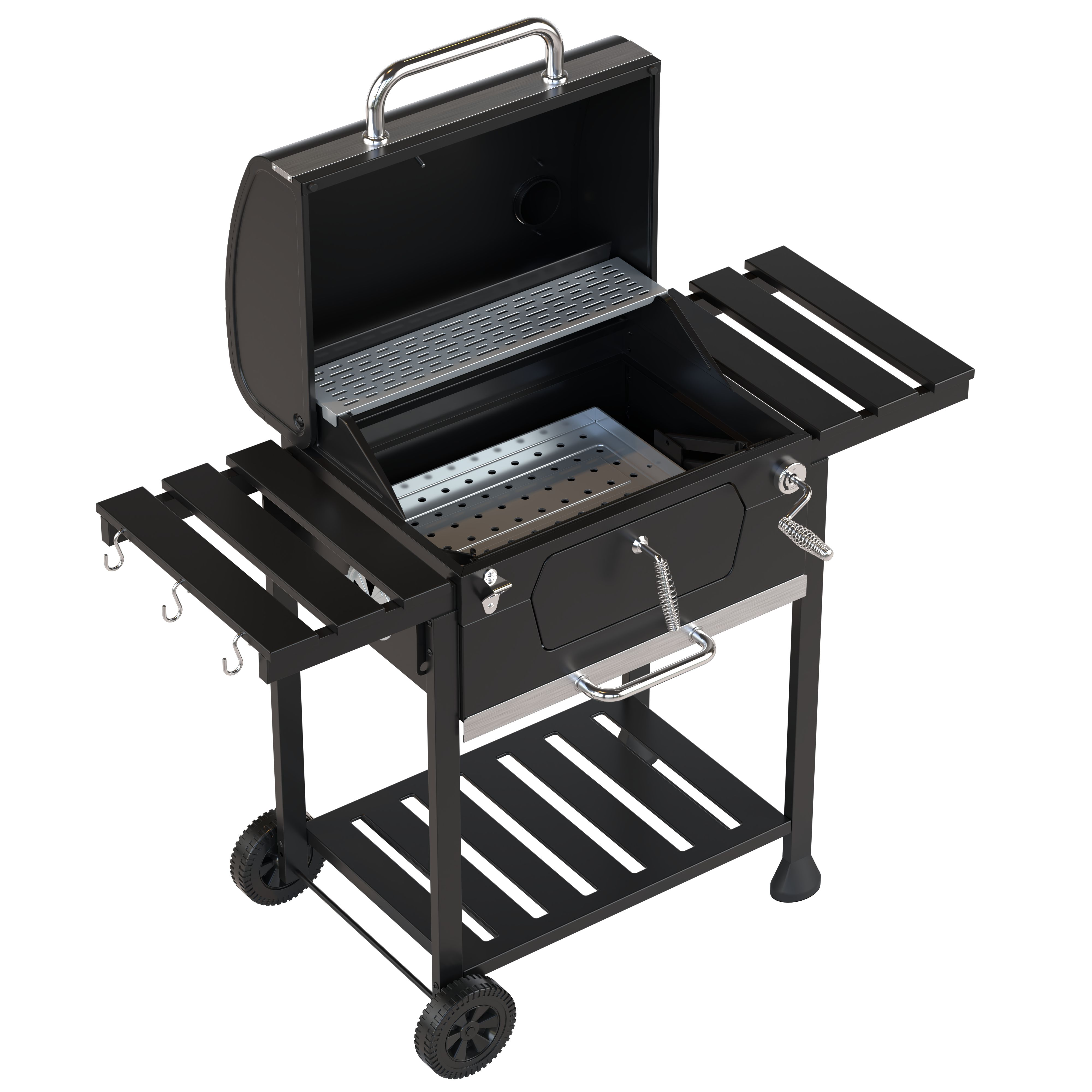 Black grill with lid open, two shelves, side hooks, and wheels. White background.