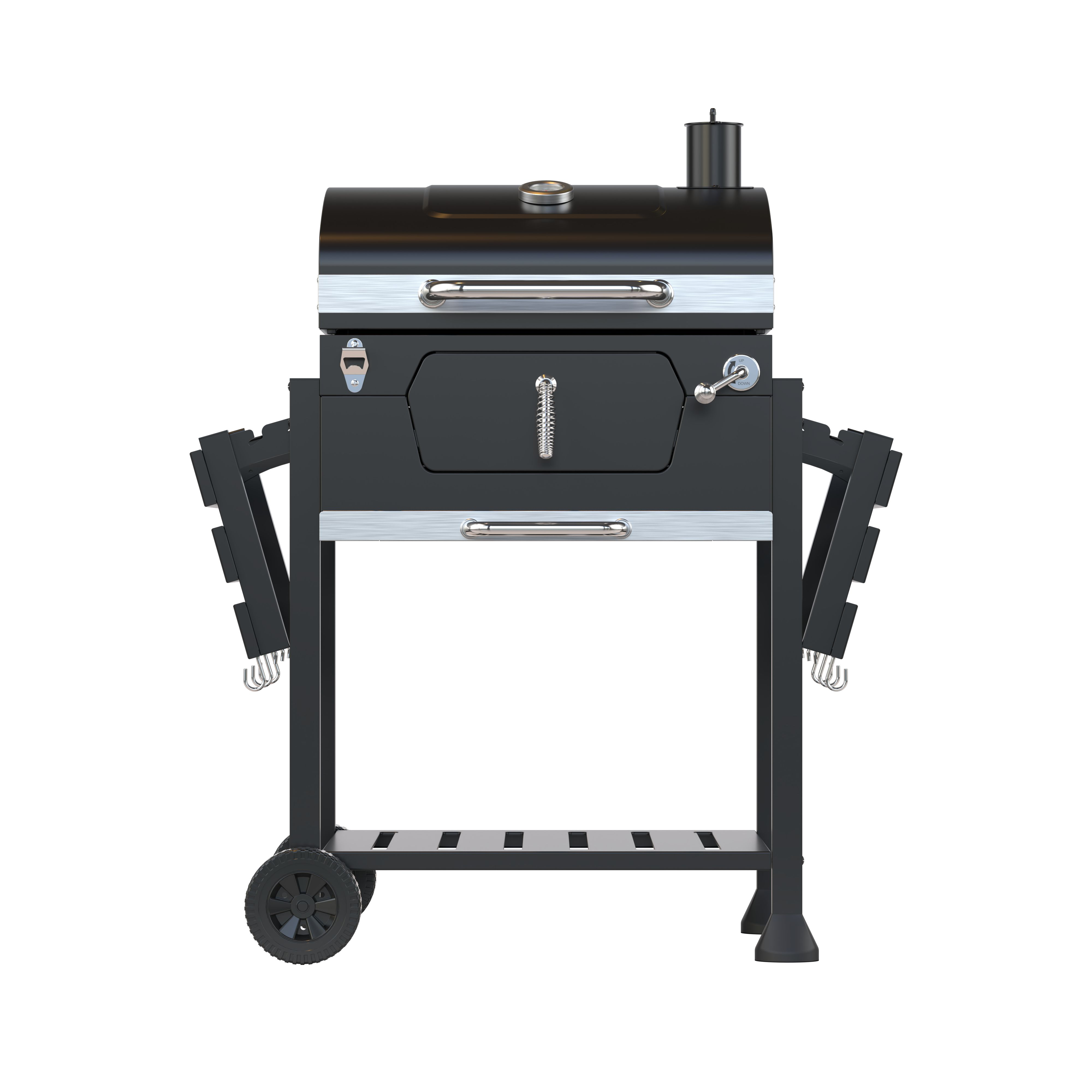 Black grill with silver accents, wheels, and a storage shelf.