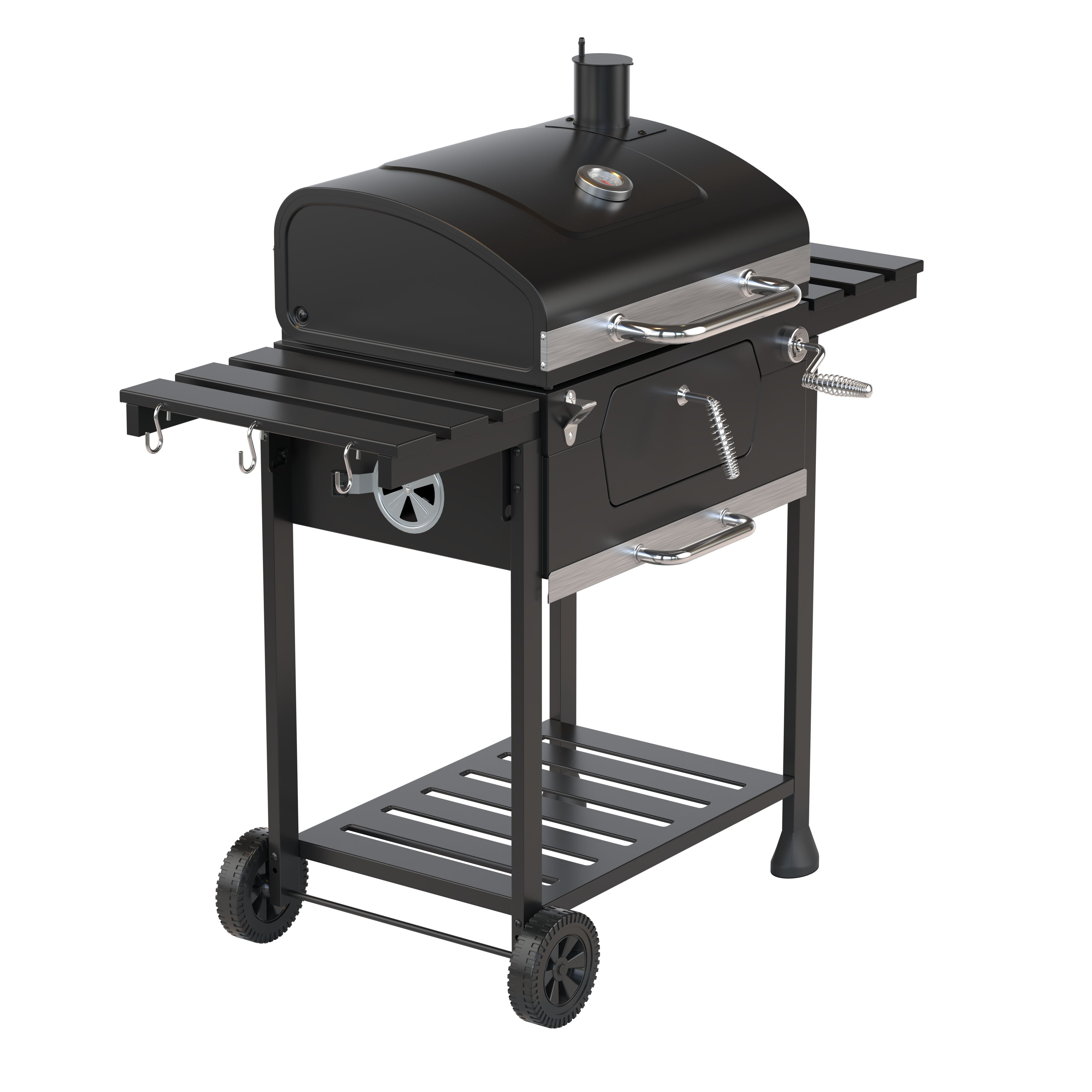 Black grill with two wheels, side shelves and a thermometer.