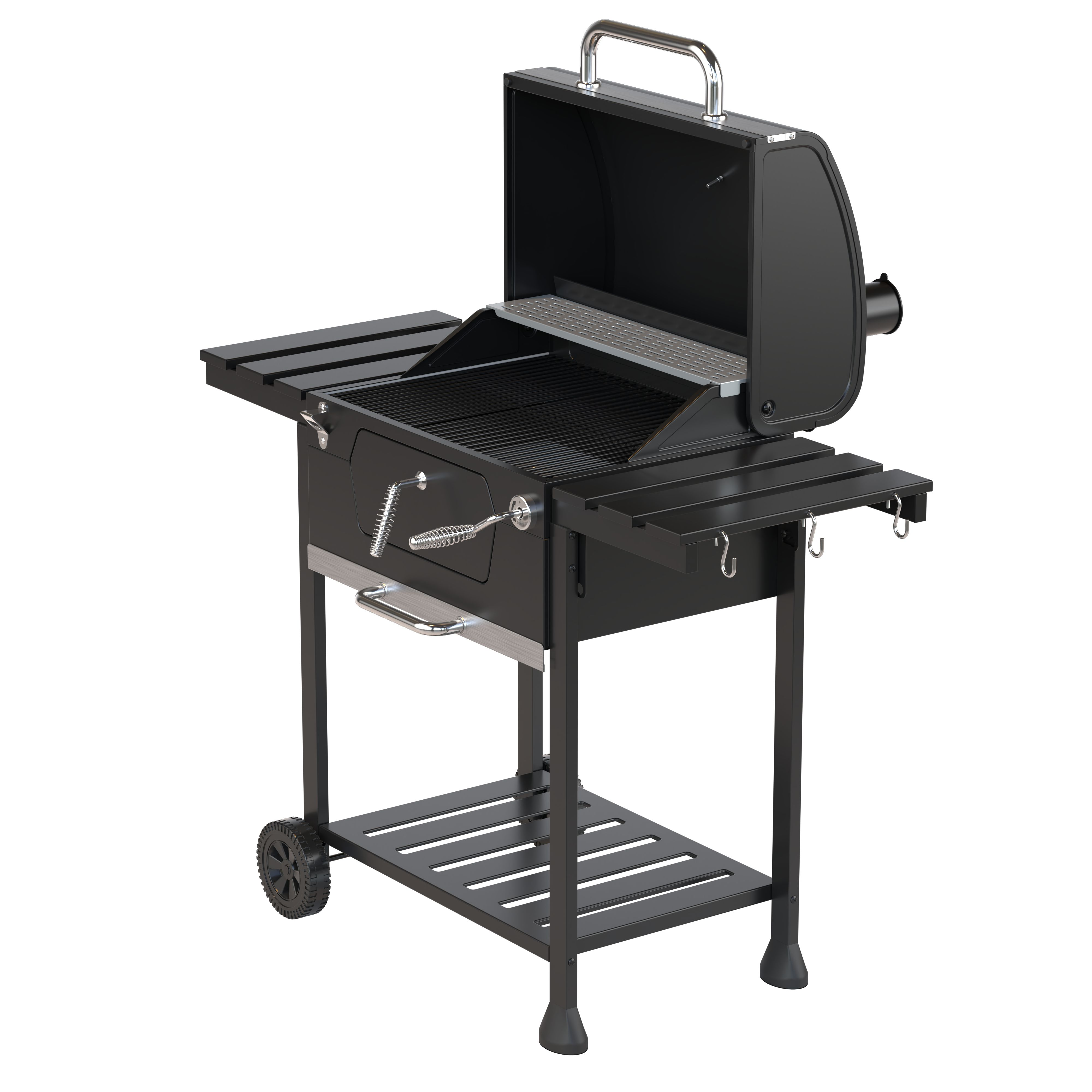 Black barbecue grill with open lid, metal handles, and wheels.