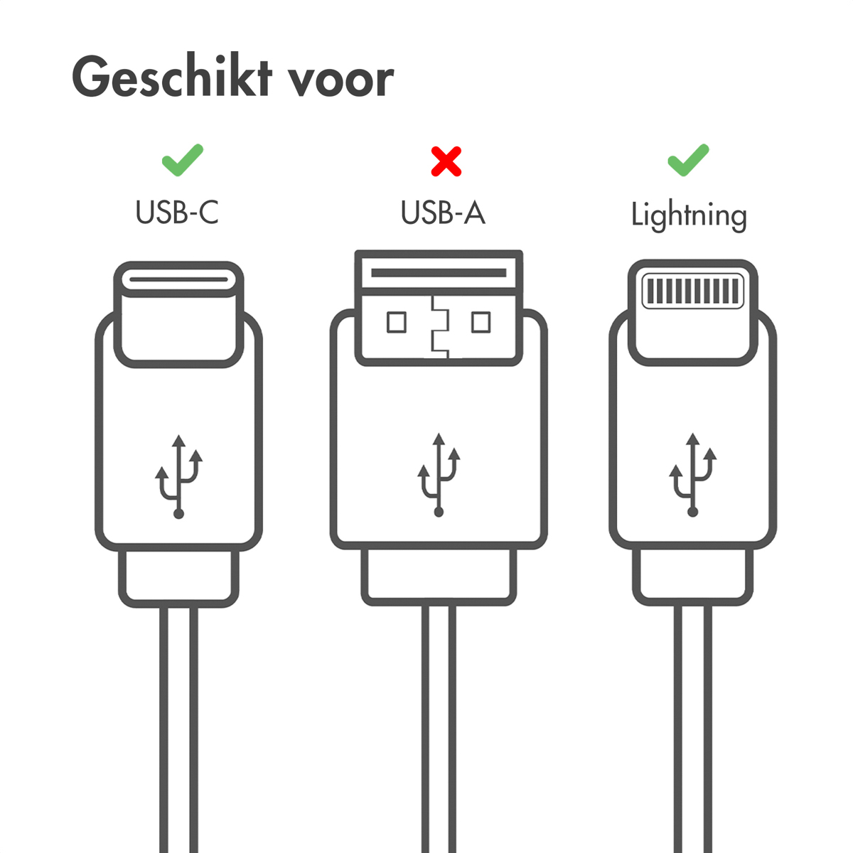 Three cable connectors: USB-C (green check), USB-A (red cross), Lightning (green check).