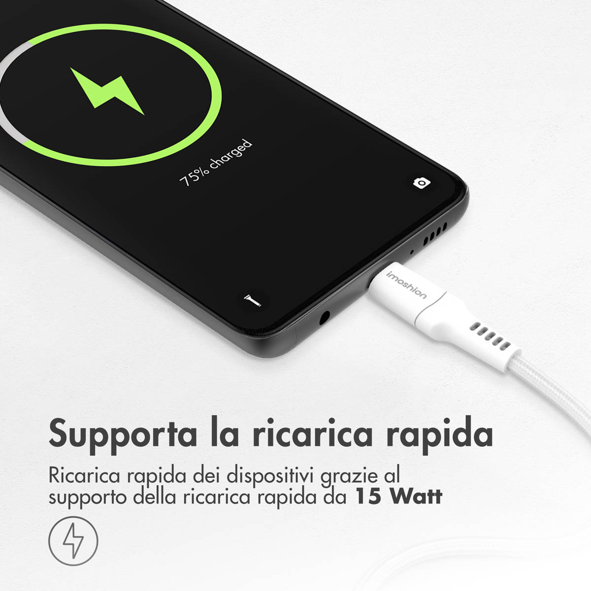 A smartphone charging rapidly, showing 75% charged.