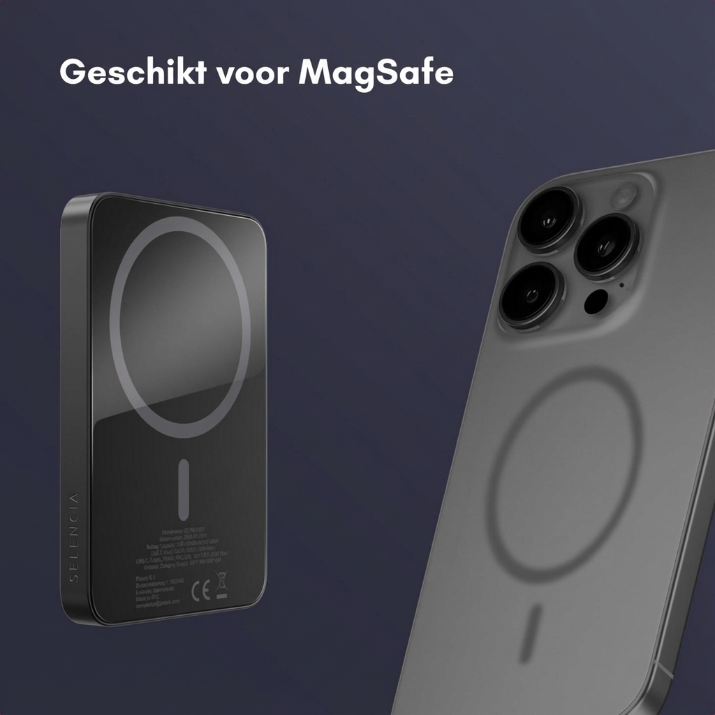 Zwarte MagSafe oplader naast een iPhone met drie camera's.