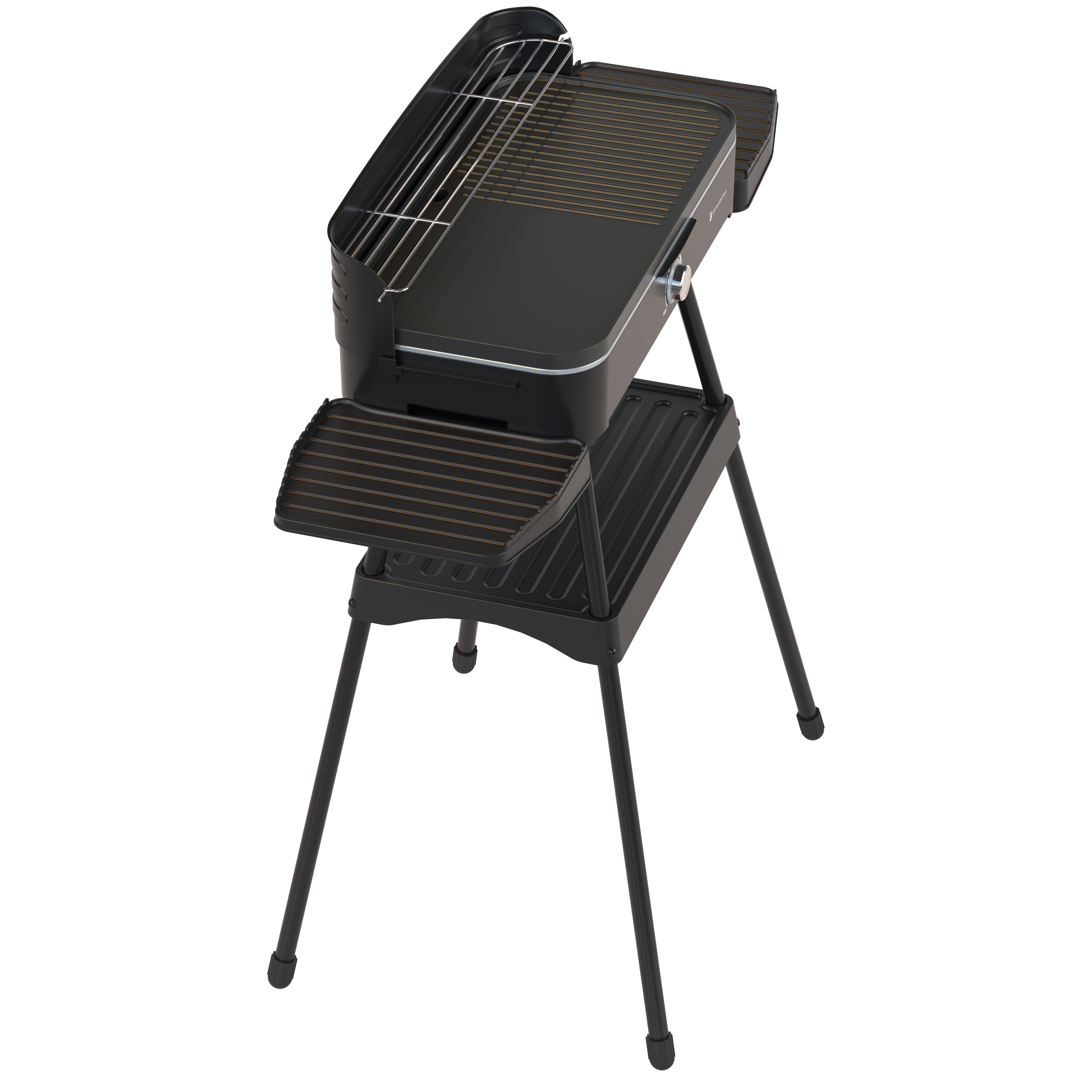 A black electric grill on a stand with side shelves.