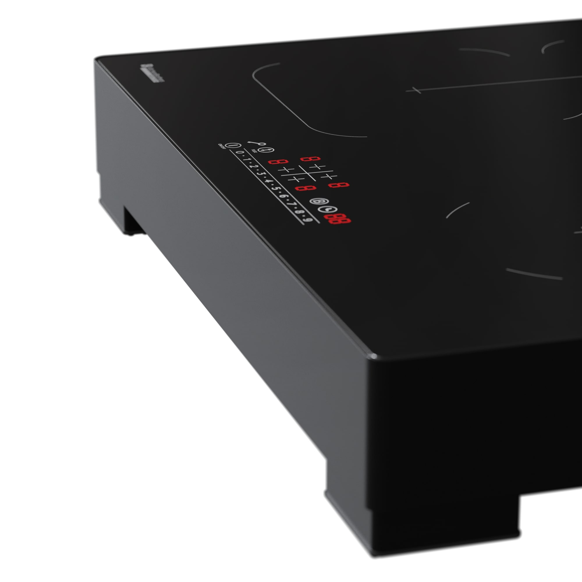 Zwart inductiefornuis met digitale bediening en kookzone-indicatoren.