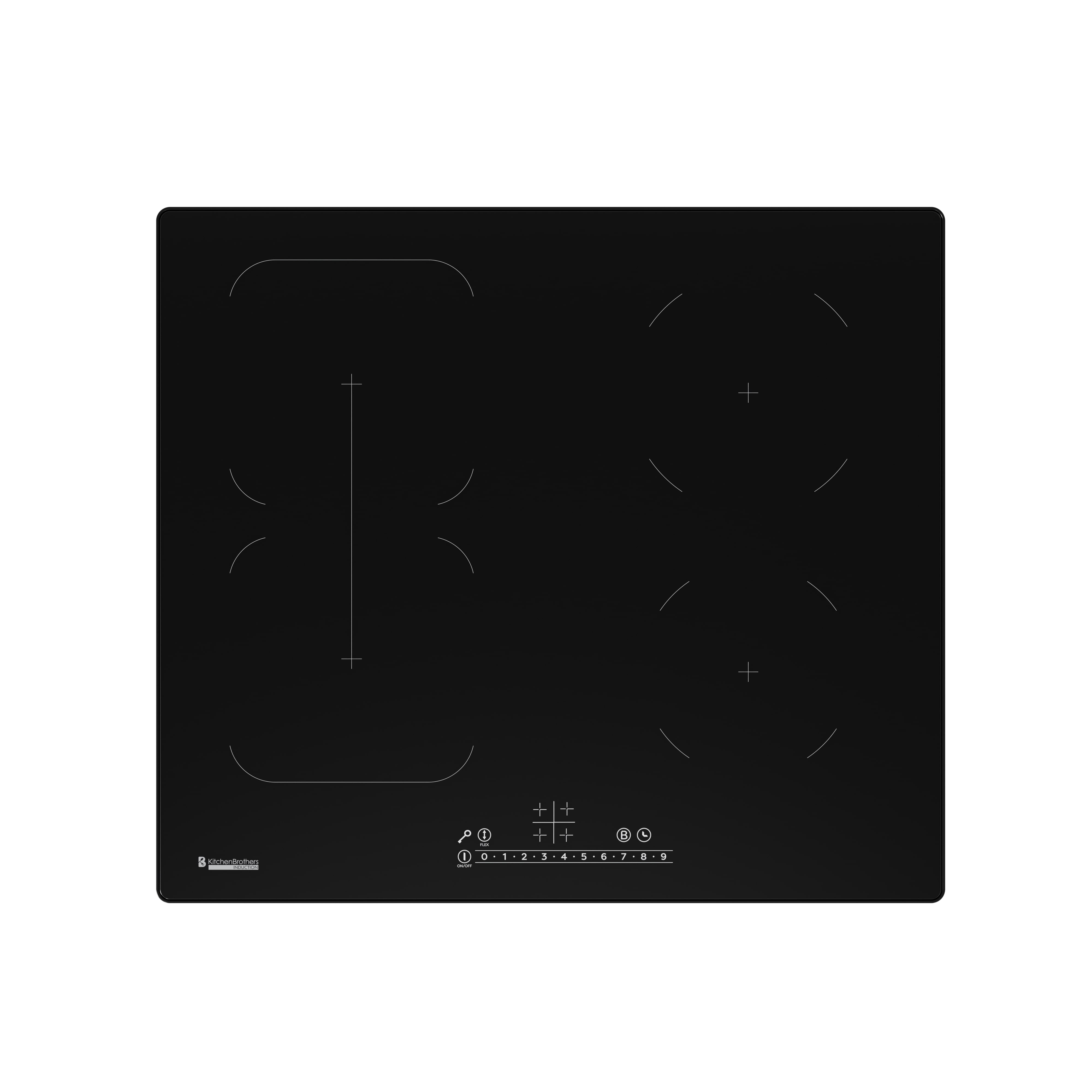Zwart inductie kookplaat met vier kookzones en digitaal touch controlpaneel.