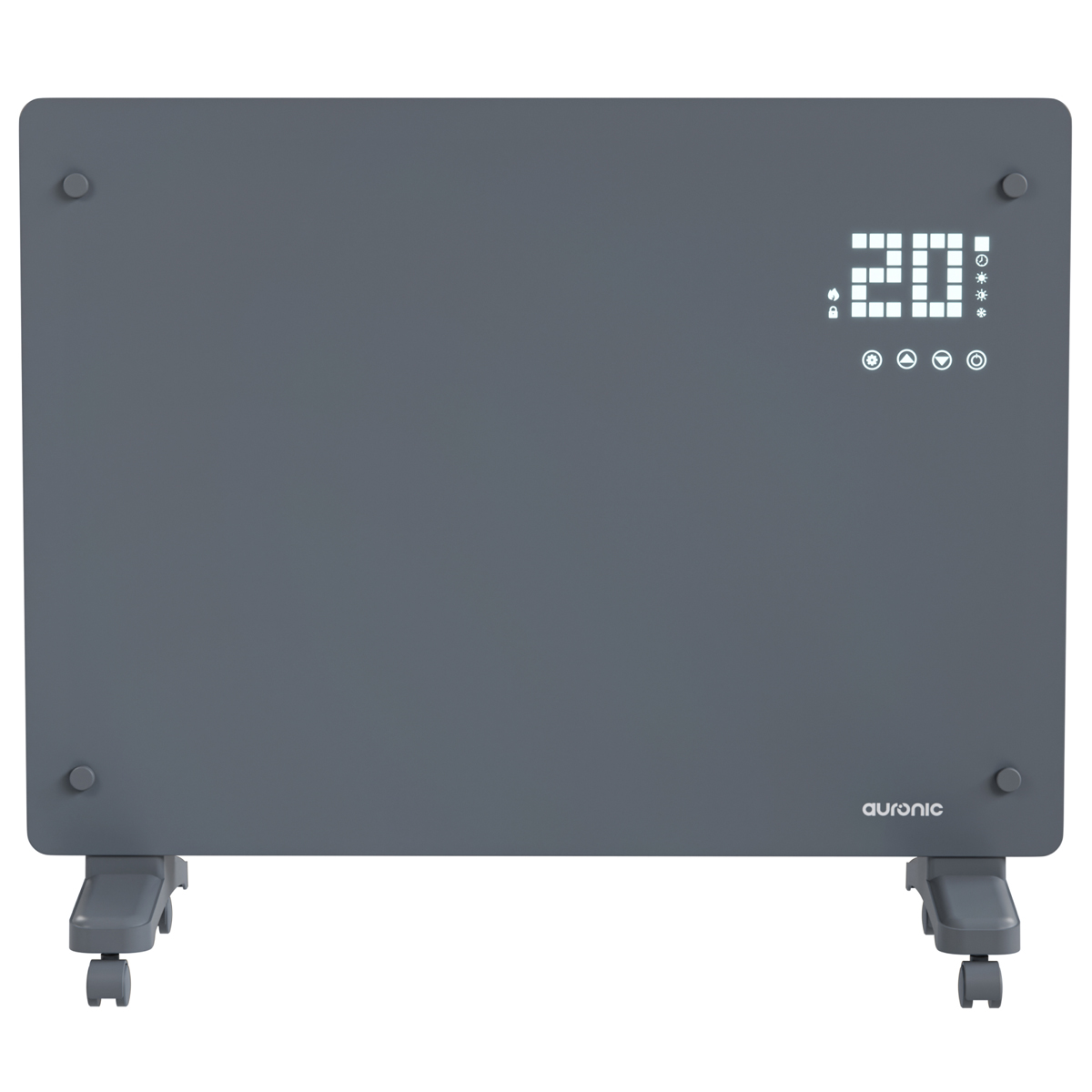 Een grijze elektrische kachel met een digitaal display dat 20 graden en bedieningselementen toont.