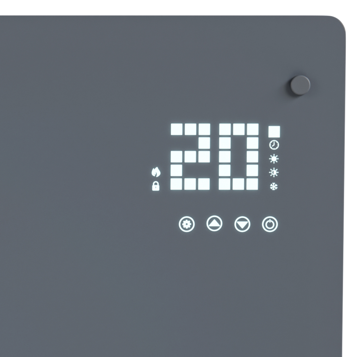 Een digitaal display toont 20 graden, met vlam-, slot- en klok-iconen.
