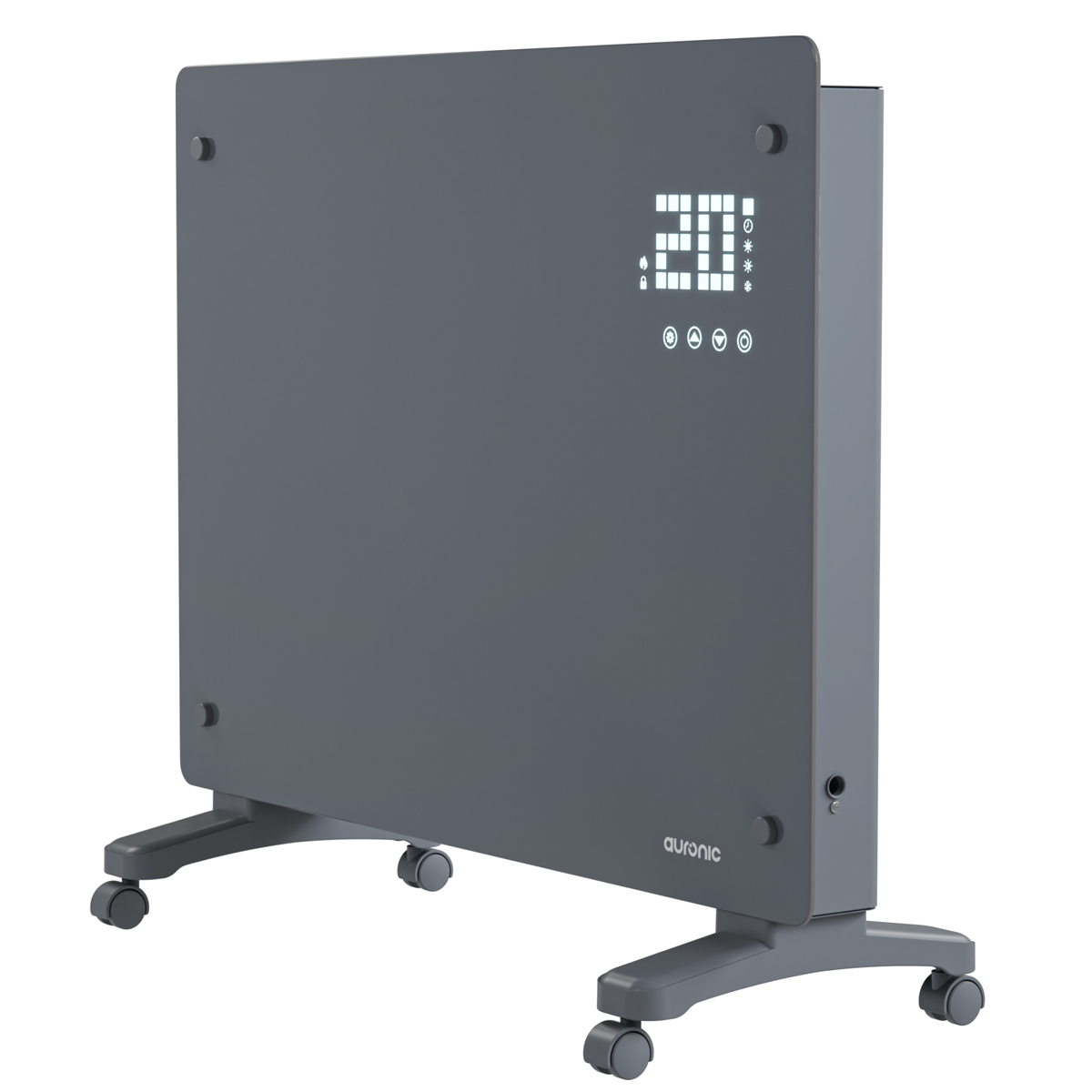 Grijze radiator met wielen, digitaal display toont 20 graden, op witte achtergrond.