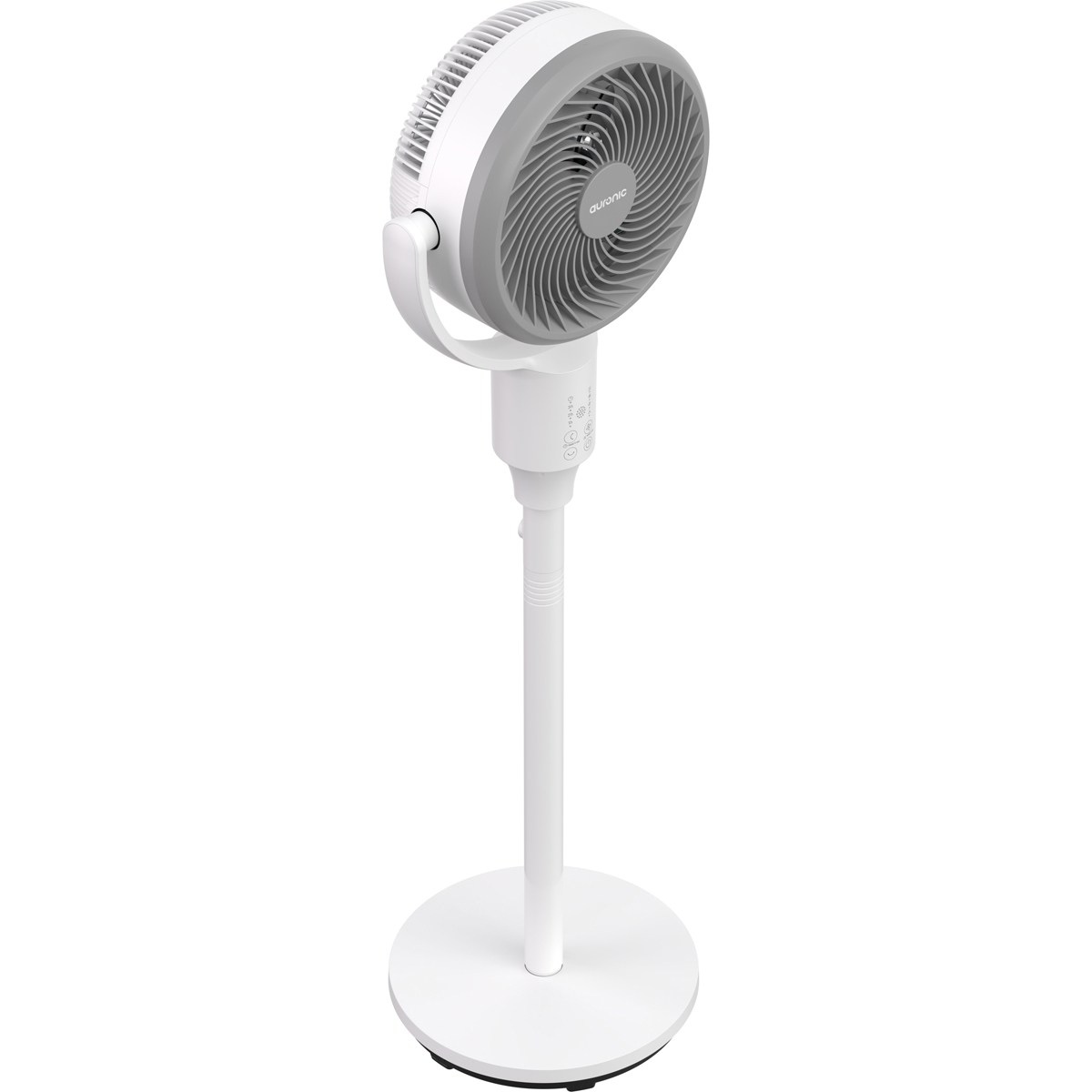 Ein weißer Standventilator mit grauem Kopf und Bedienfeld. Auf weißem Hintergrund.