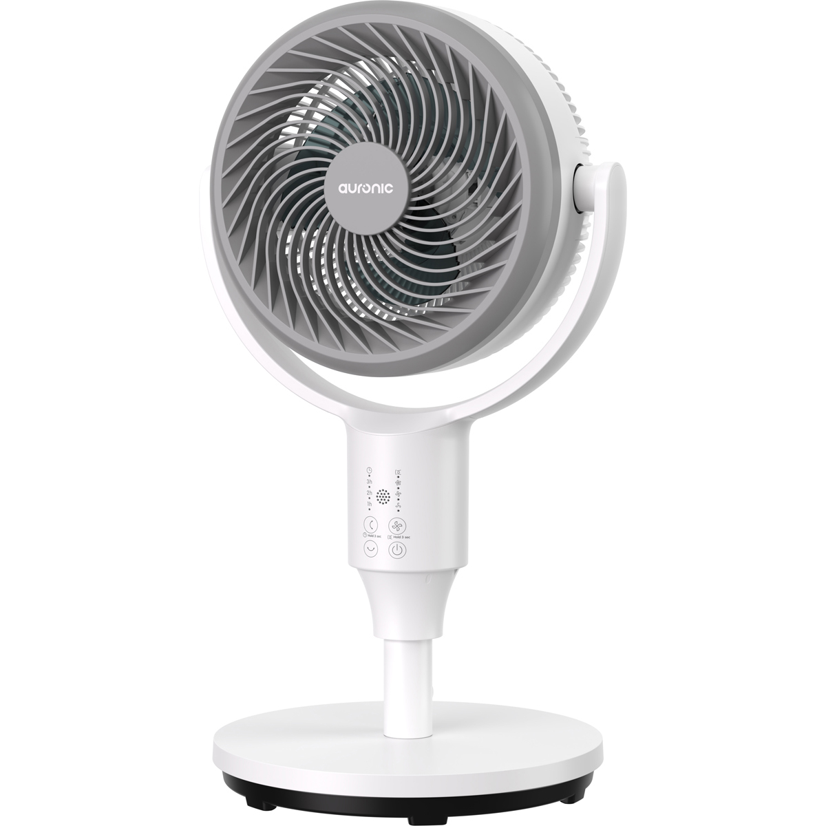 Ein weißer Standventilator mit grauem Gitter und dem Auronic-Logo.