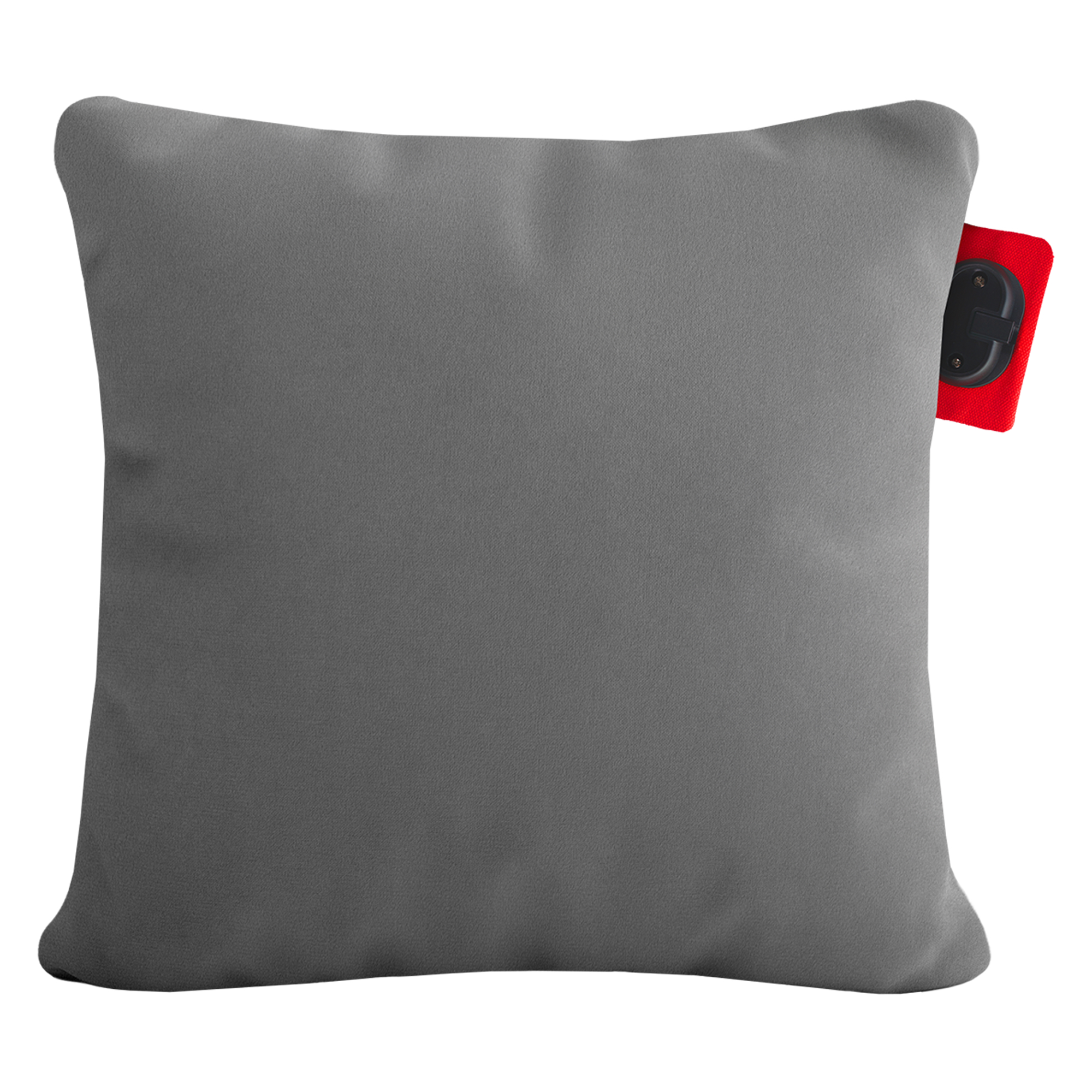 Gray pillow with a red tag and black closure.