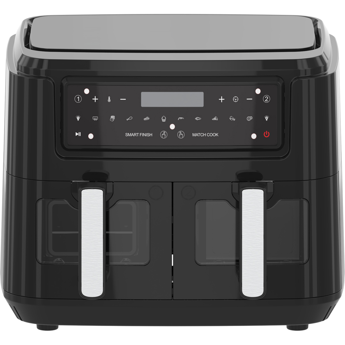 A black dual-basket air fryer with a digital display and control panel.