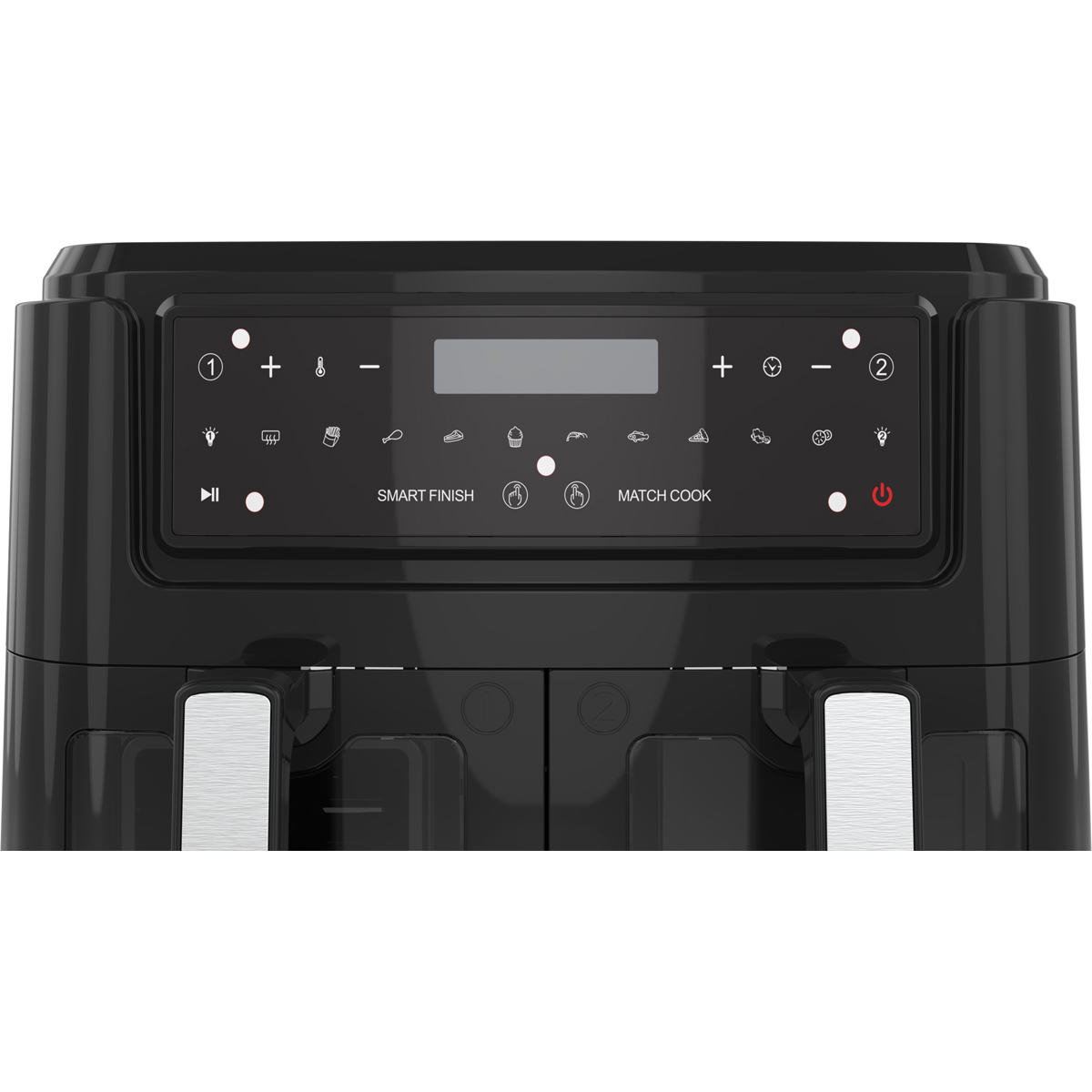 A black double air fryer control panel with digital displays and buttons.