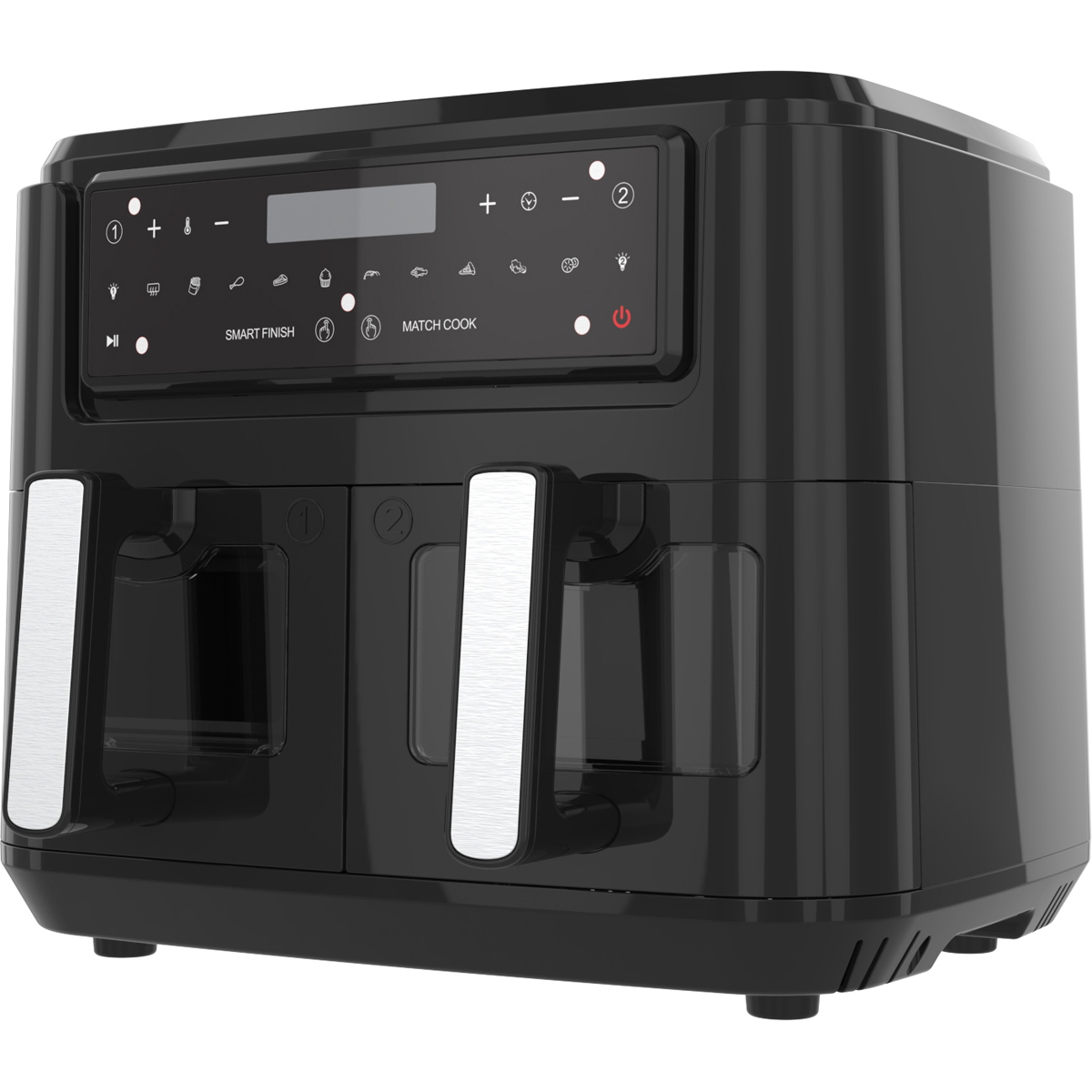 Black double air fryer with digital display and two baskets. Silver handles.