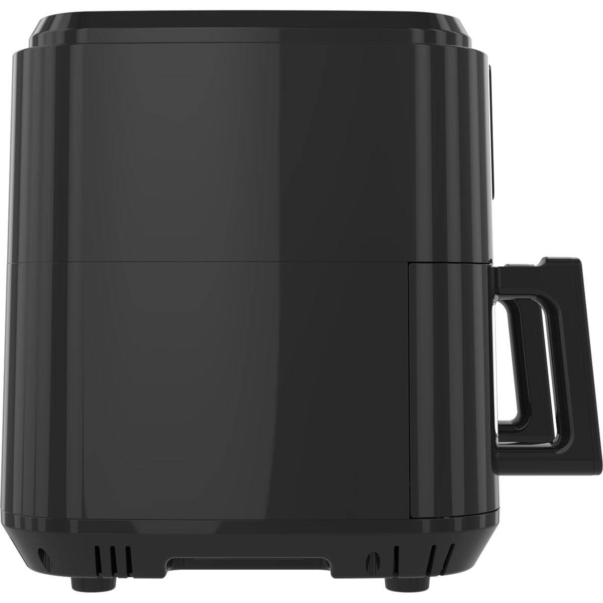 Black air fryer shown from the side, featuring a handle and control panel.