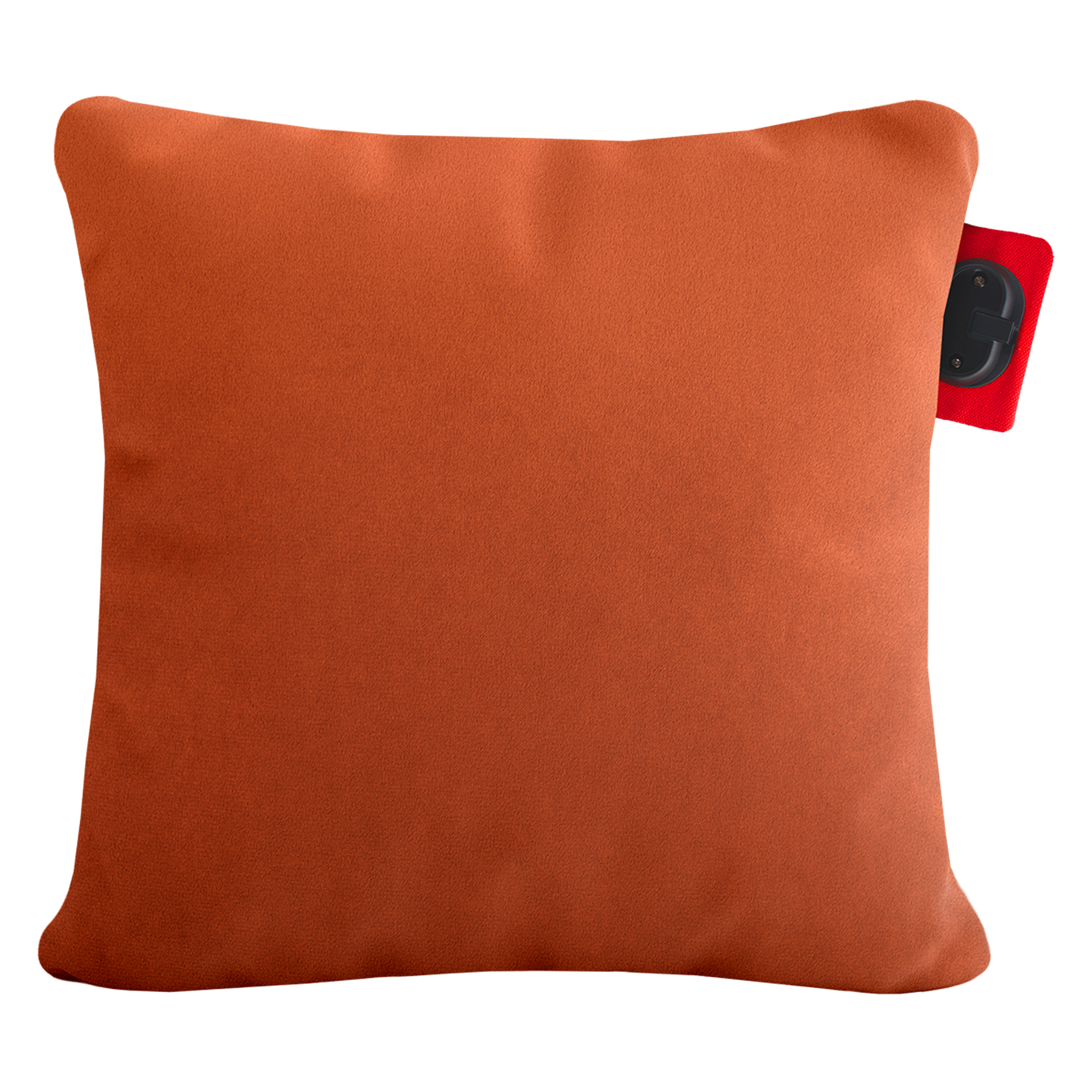 An orange pillow with a red tag on the right side.