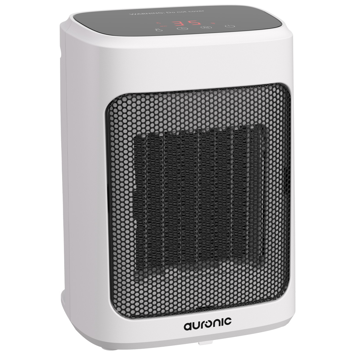 Un radiateur portable blanc Auronic avec façade en maille noire et écran numérique.
