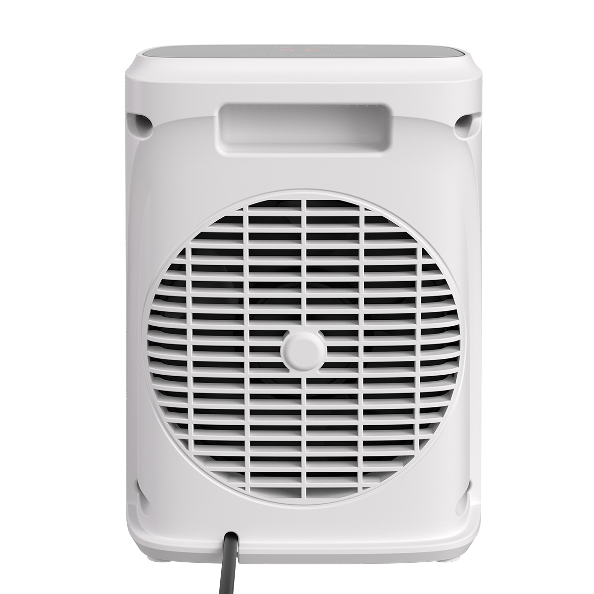L'arrière d'un climatiseur portable blanc montre une grande grille de ventilation circulaire avec des lattes horizontales et un bouton central.