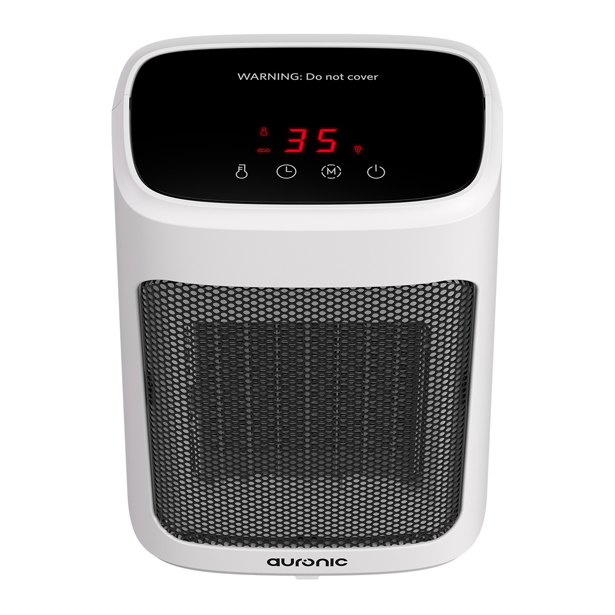 Un radiateur blanc avec grille noire et affichage numérique indiquant 35.