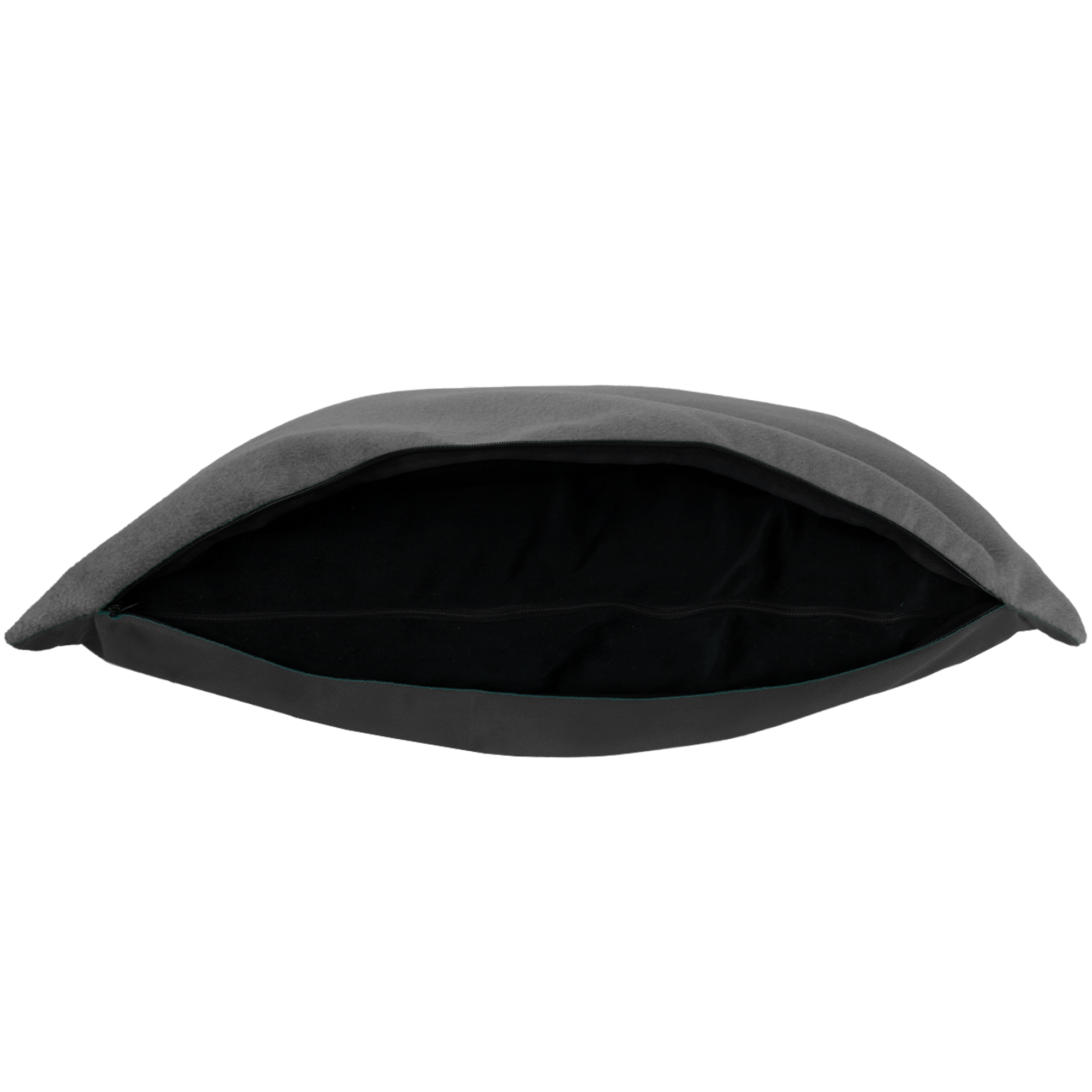 Un coussin gris avec une fermeture éclair ouverte révélant son intérieur noir.