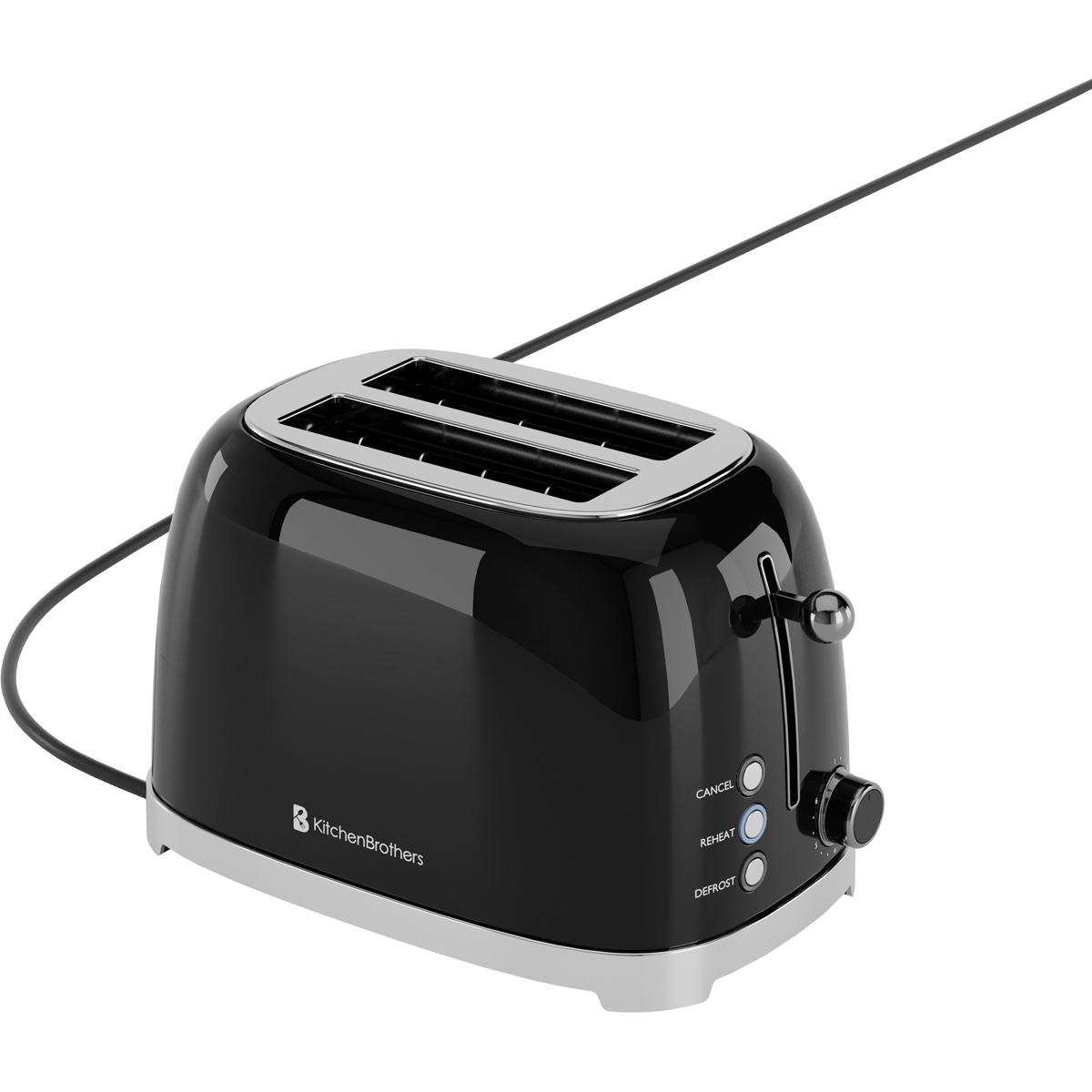 Ein schwarzer Toaster mit Chromdetails und einem silbernen Sockel.