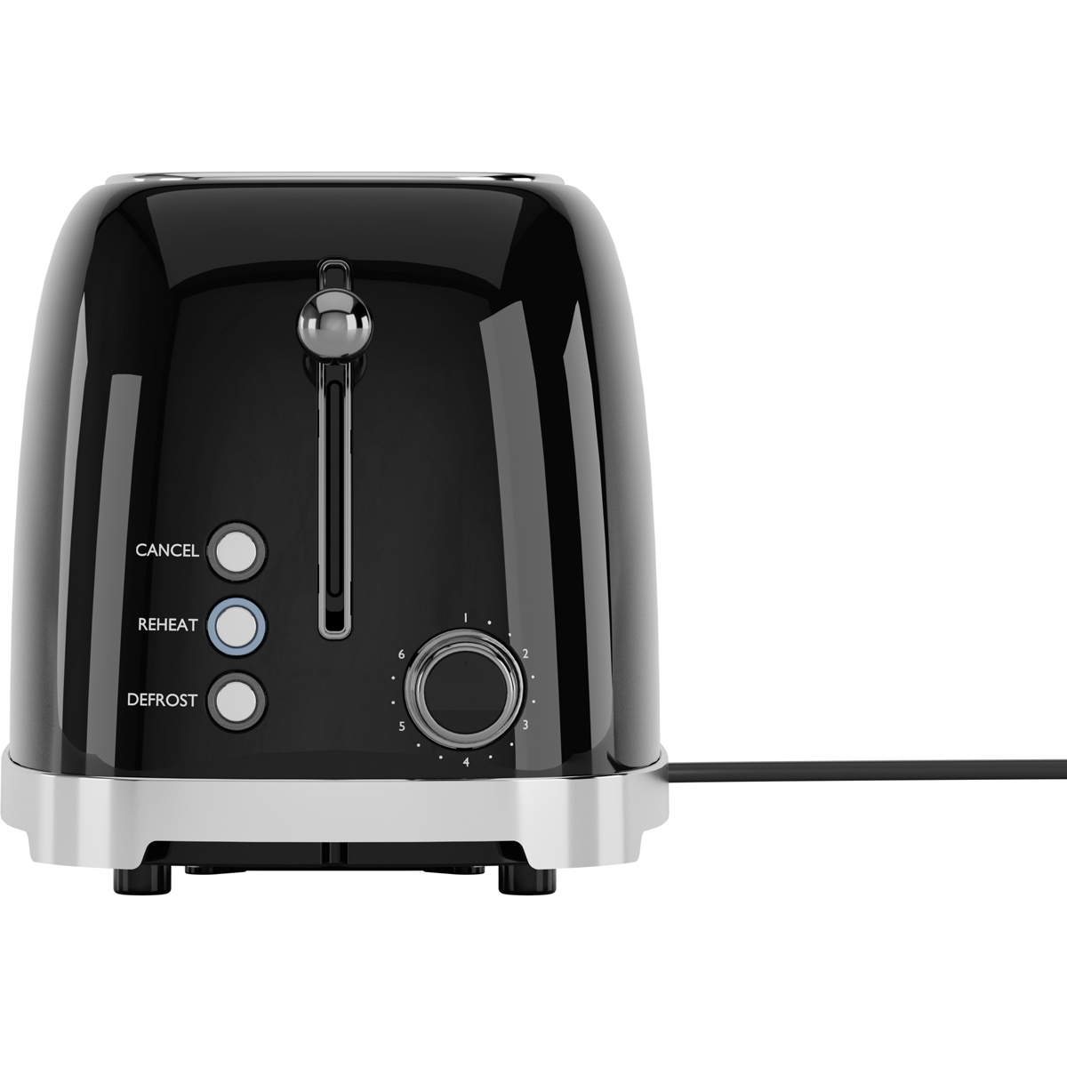 Ein glänzender schwarzer Toaster mit silbernen Akzenten und Bedienelementen.