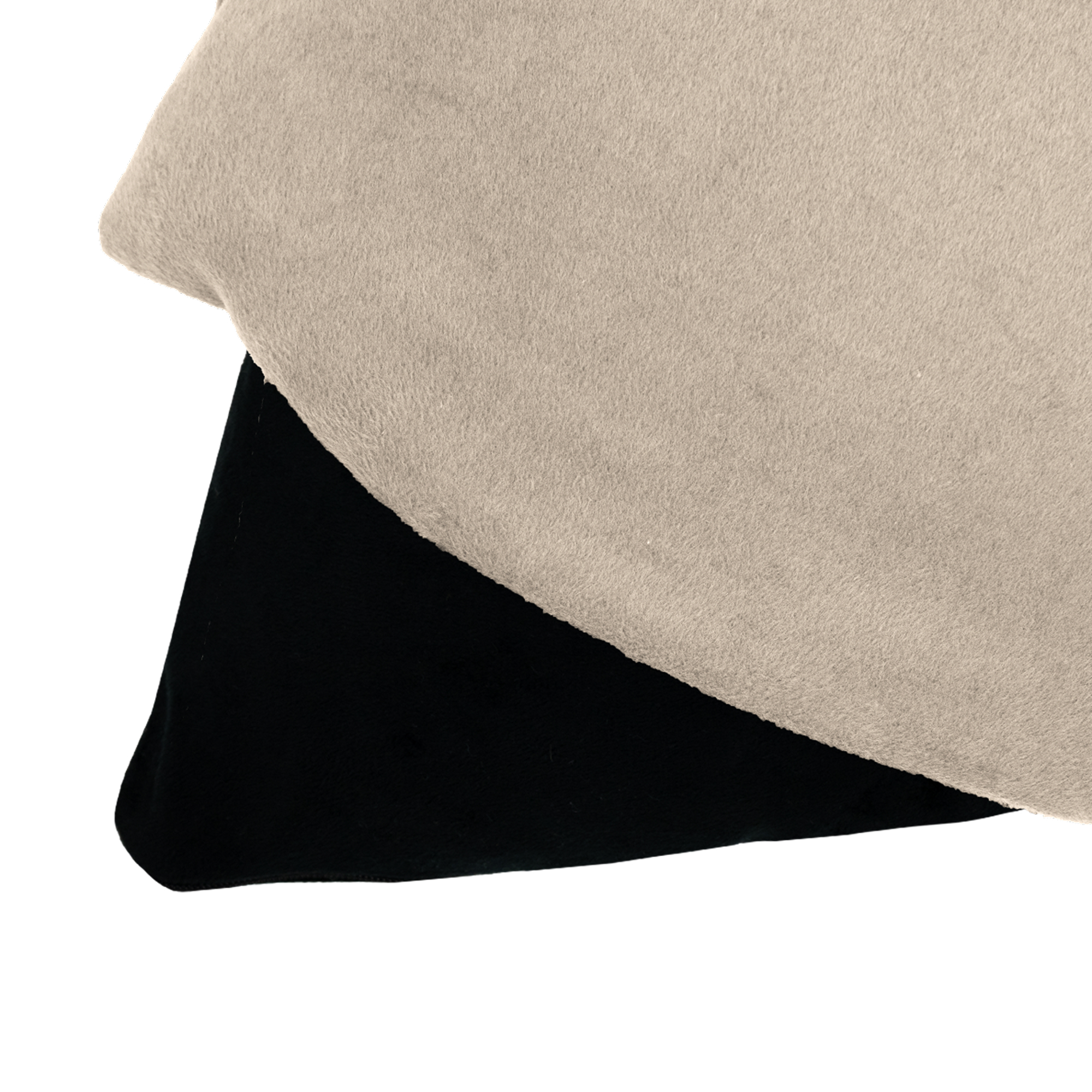 A light brown fabric lies over a black fabric, both are white on a white background.
