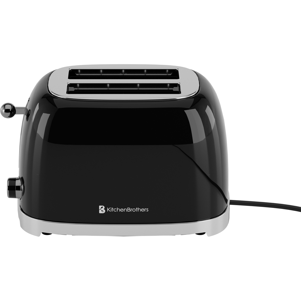 Ein glänzender schwarzer Toaster mit Chromdetails und Kabel.
