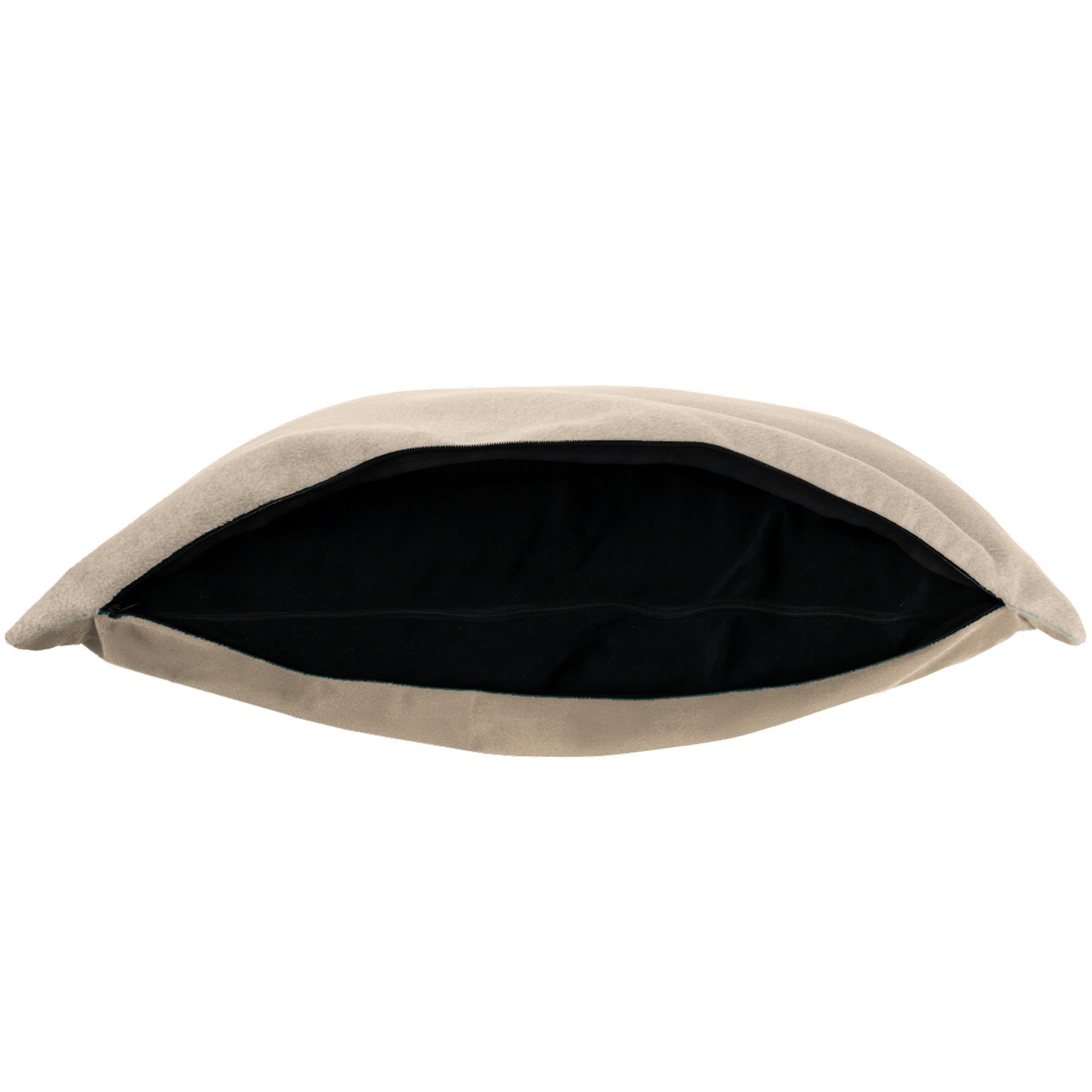 A beige pillow cover with an open zipper revealing the black inner lining.