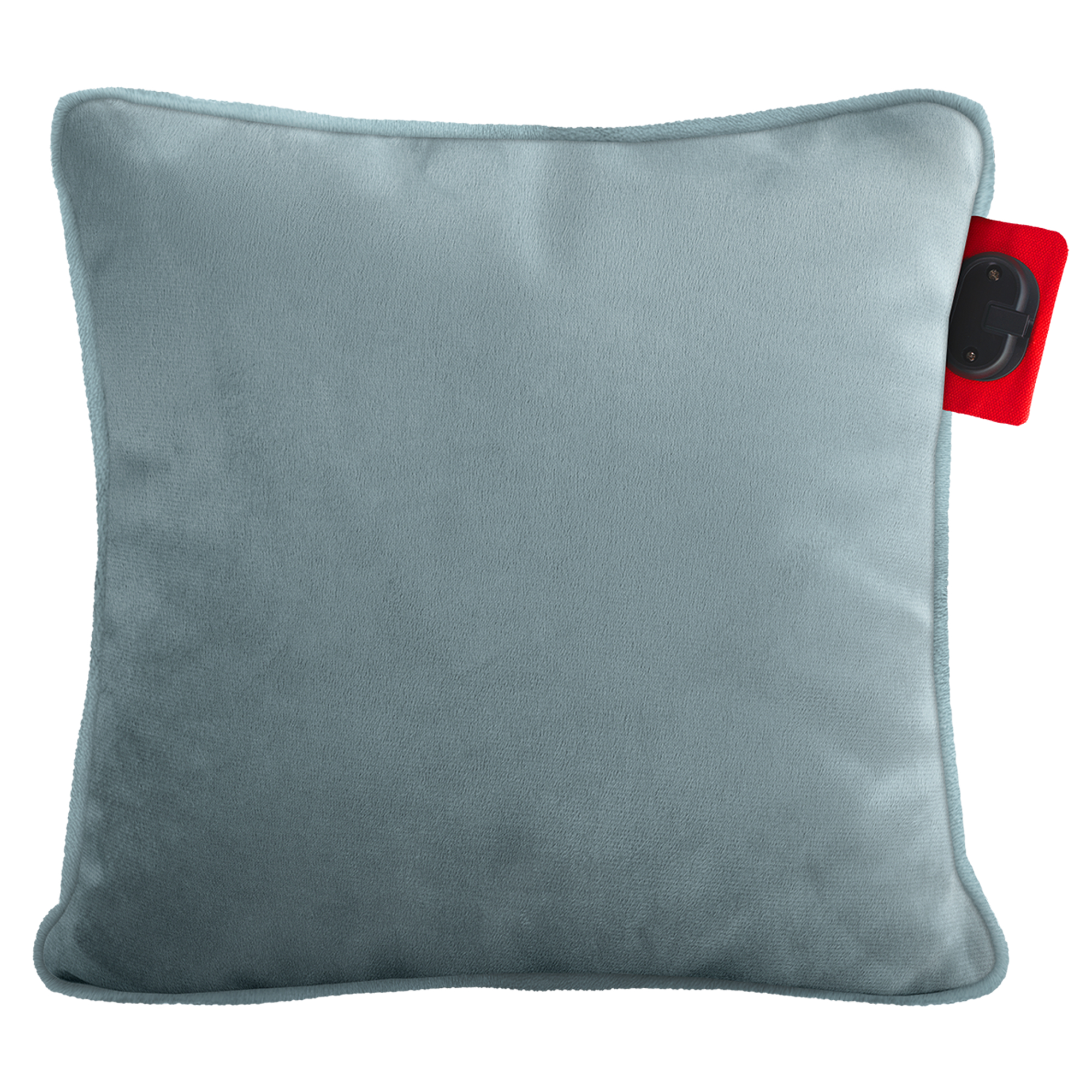 A light blue pillow with a red tag and black clip on the side.