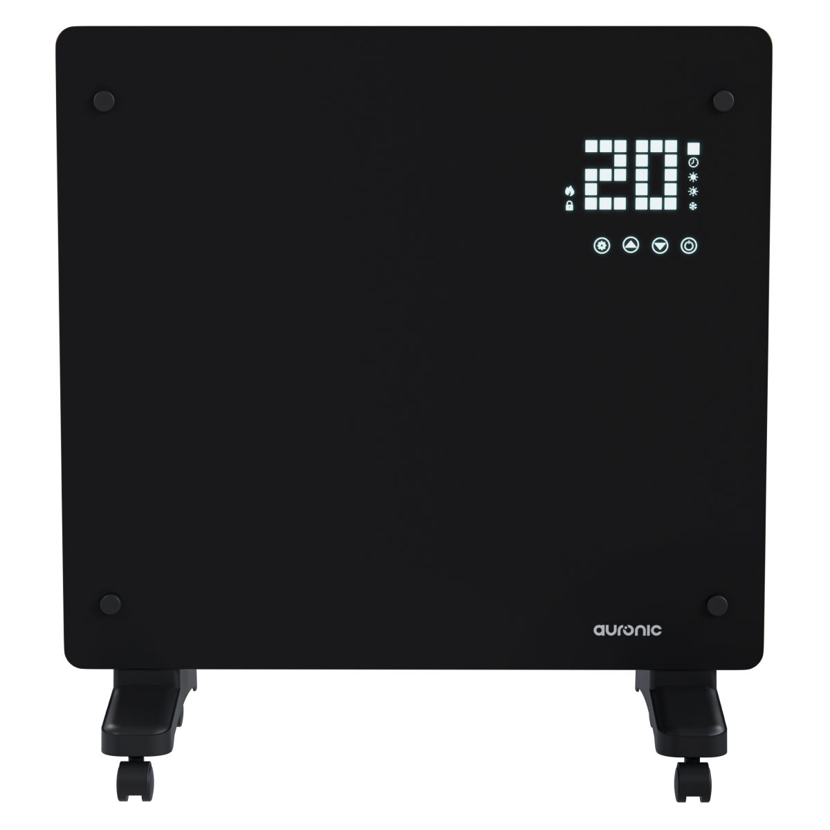 Zwarte verwarming met digitaal display van 20 graden en wielen.