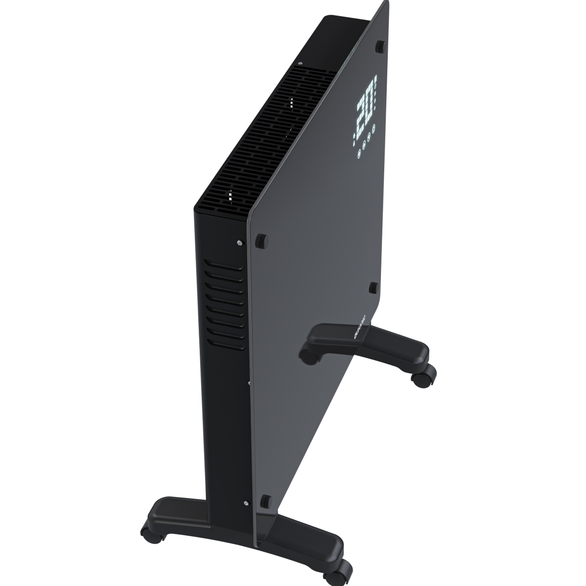 Een zwarte paneelradiator met digitaal display en wielen op witte achtergrond.