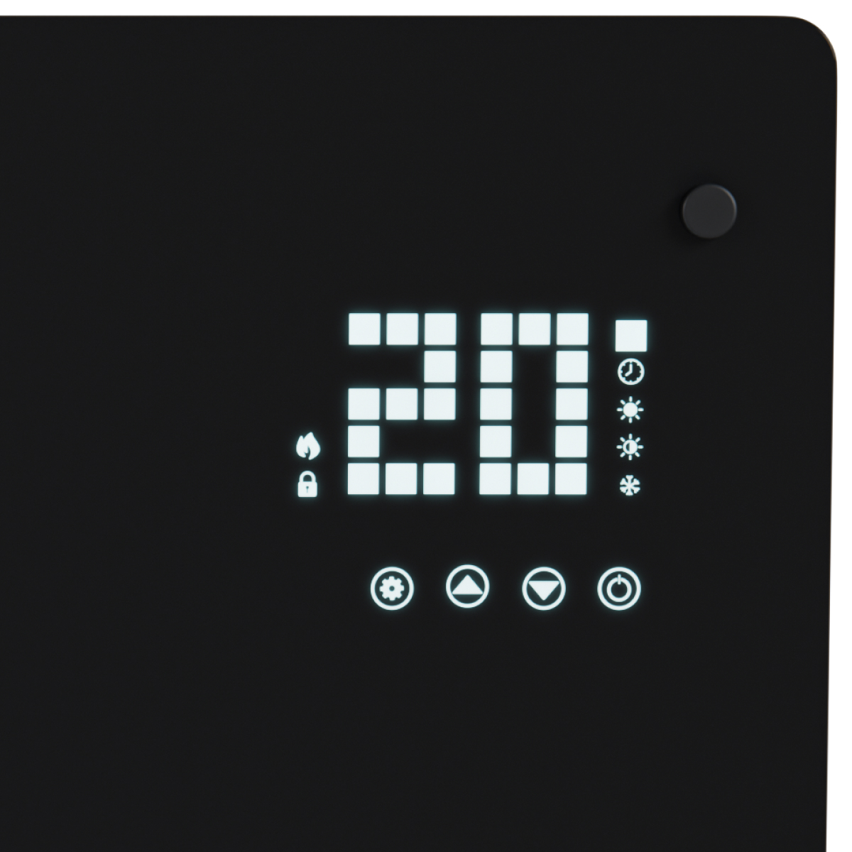 Digitaal display toont 20 graden, met iconen voor vlam, slot, timer, zon en sneeuwvlok.