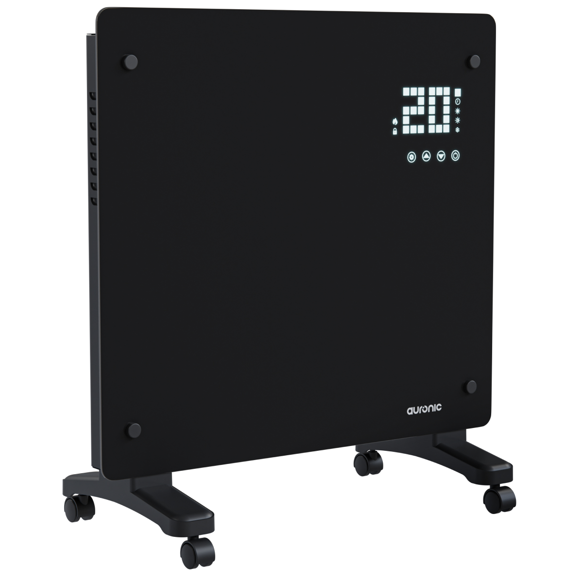 Een zwarte kachel op wielen met digitaal display toont 20 graden.